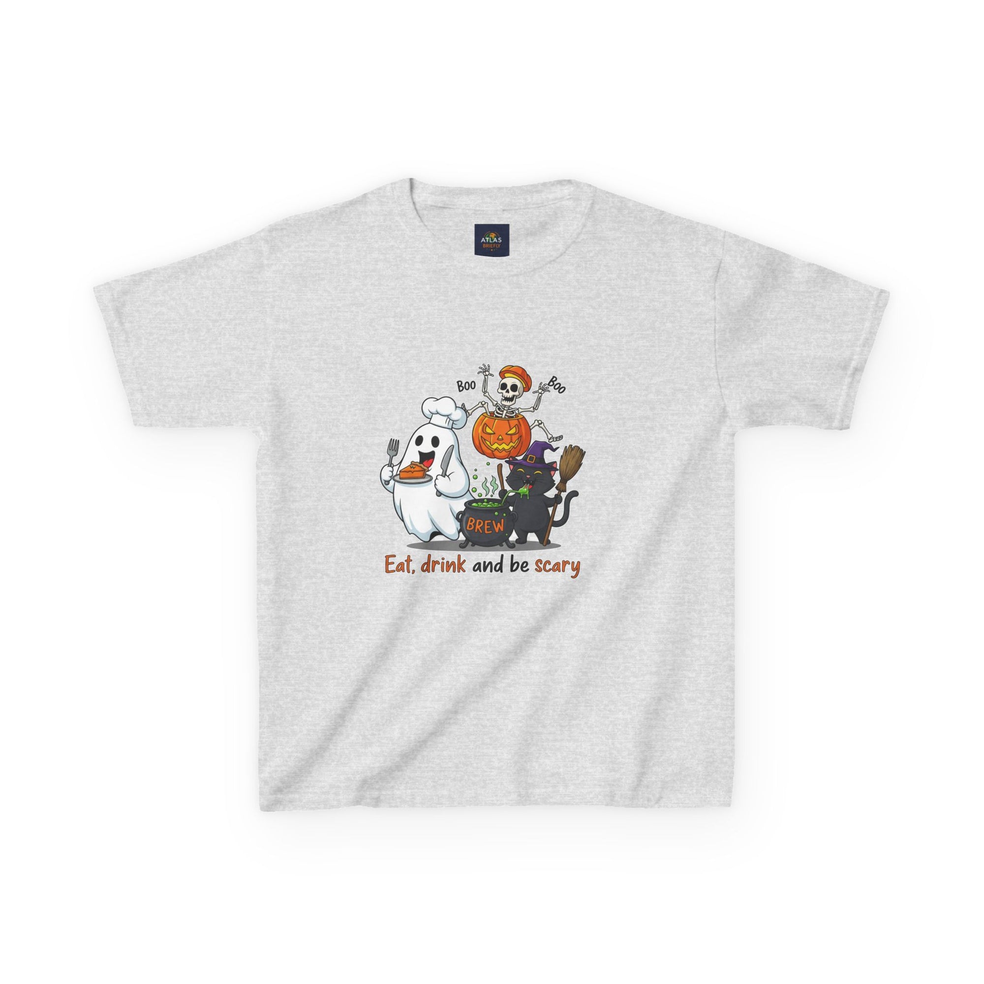 Eat Drink and Be Scary Kids Halloween T-Shirt | Cute Ghost Skeleton Pumpkin Cat Shirt for Boys Girls Trick or Treat Tee - Atlas Briefly