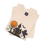 Spooky Season Halloween T-Shirt - Haunted House Ghost Bat Graphic Tee | Halloween Landscape Shirt - Atlas Briefly