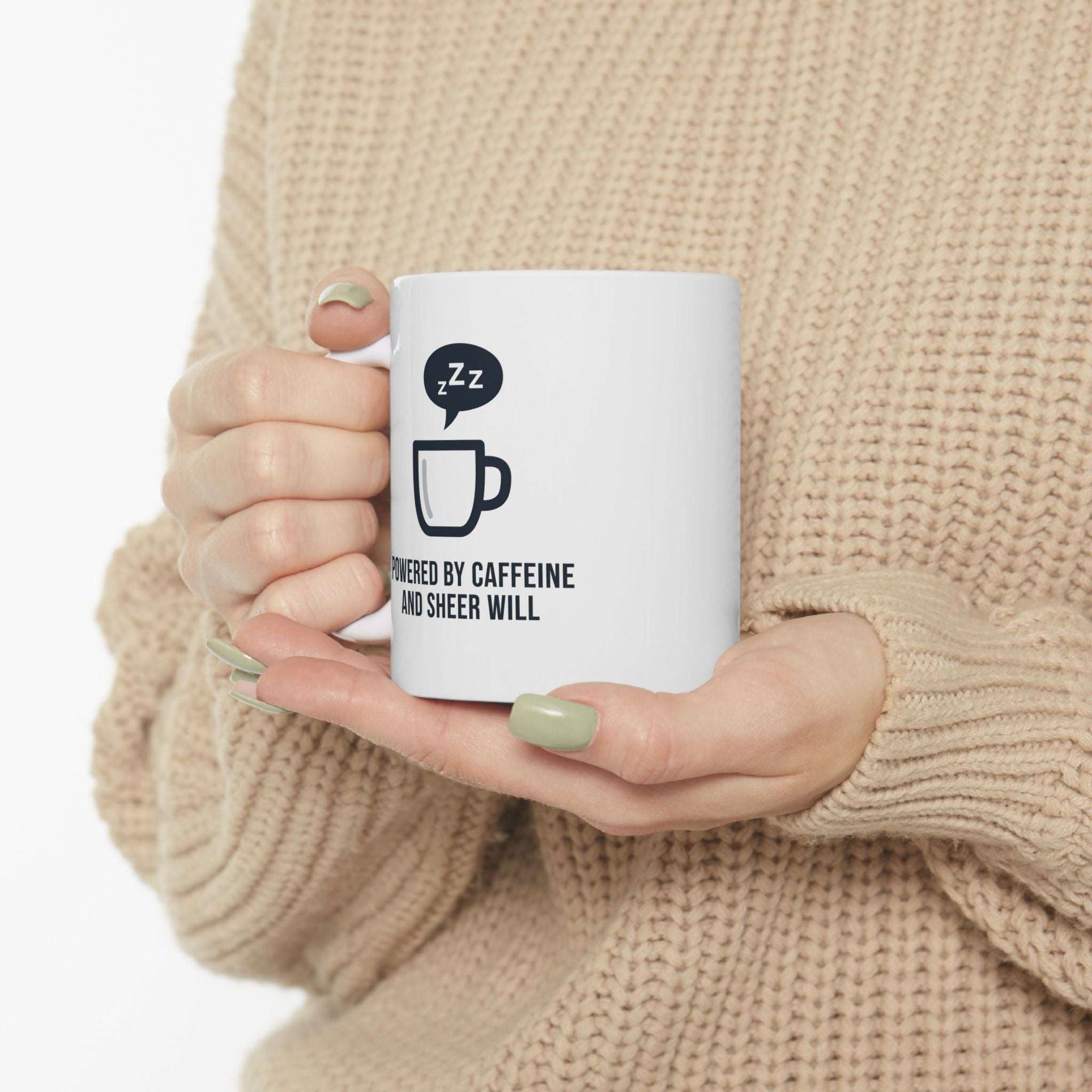 Powered by Caffeine and Sheer Will Mug - Funny Coffee Cup | Minimalist Humor Gift US Version - Atlas Briefly