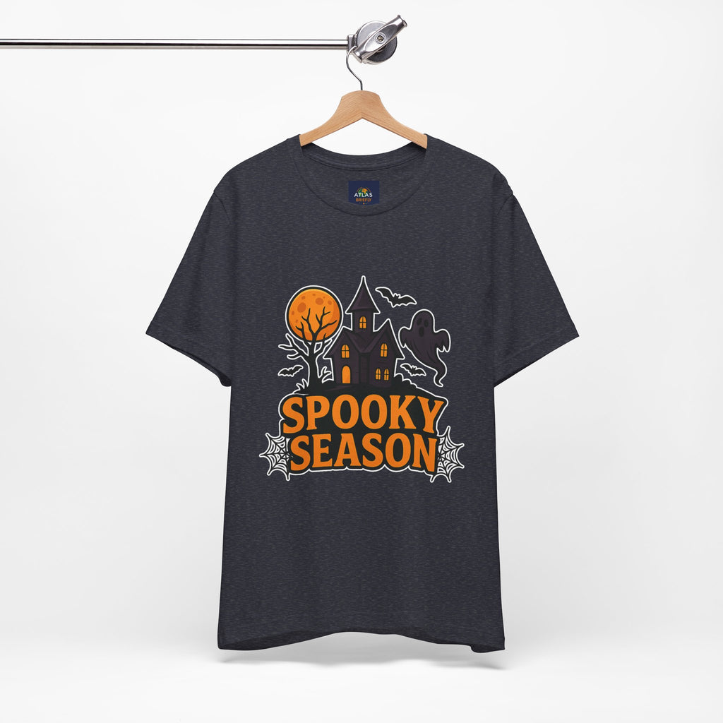 Spooky Season Halloween T-Shirt - Haunted House Ghost Bat Graphic Tee | Halloween Landscape Shirt - Atlas Briefly