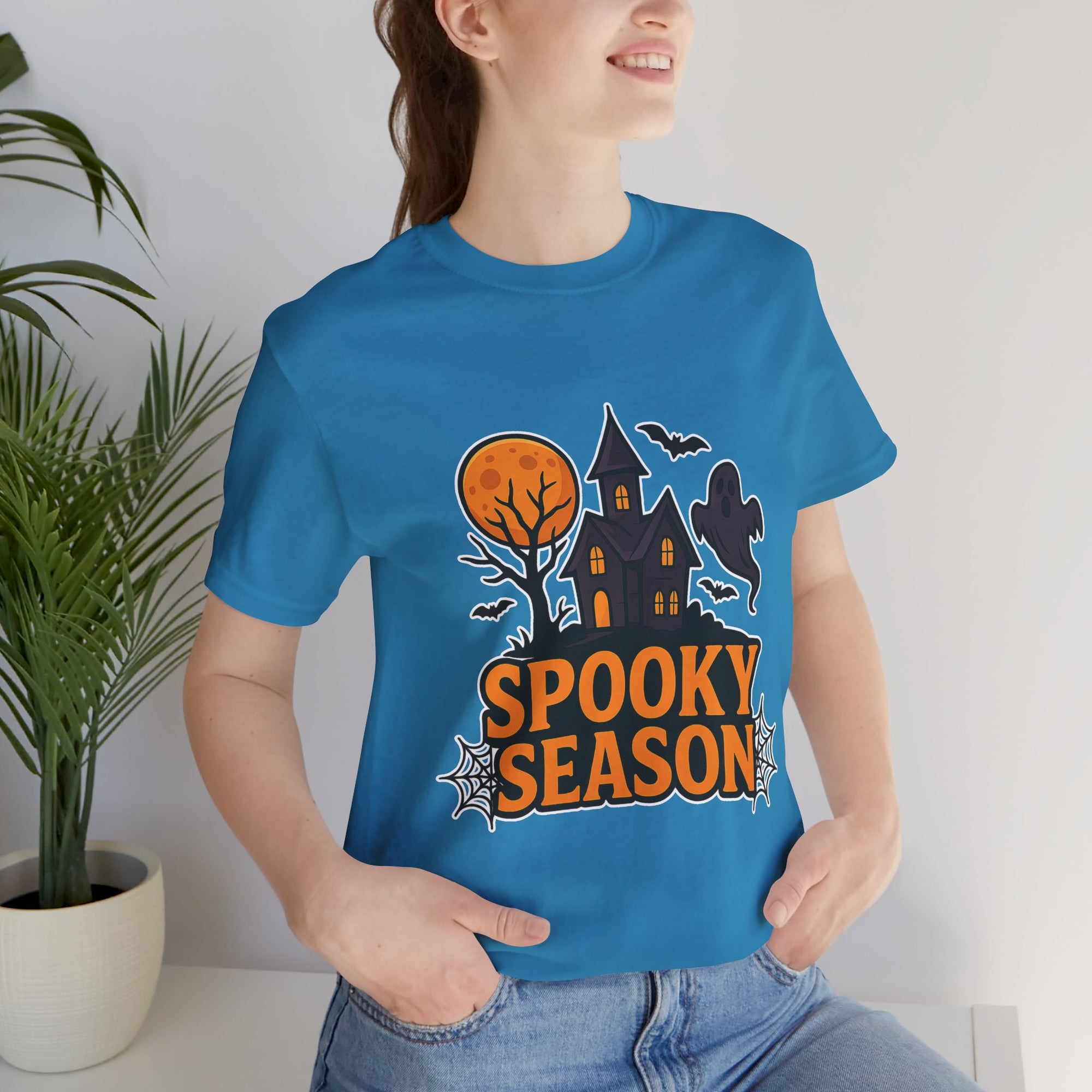 Spooky Season Halloween T-Shirt - Haunted House Ghost Bat Graphic Tee | Halloween Landscape Shirt - Atlas Briefly