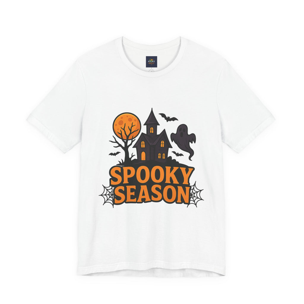 Spooky Season Halloween T-Shirt - Haunted House Ghost Bat Graphic Tee | Halloween Landscape Shirt - Atlas Briefly