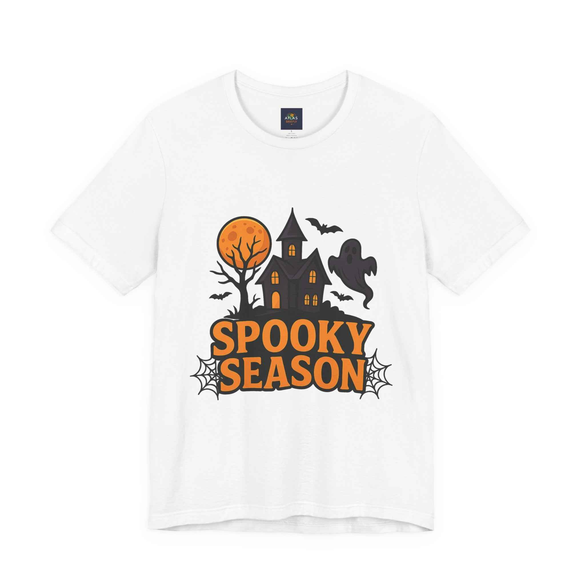 Spooky Season Halloween T-Shirt - Haunted House Ghost Bat Graphic Tee for Halloween Enthusiasts - Atlas Briefly