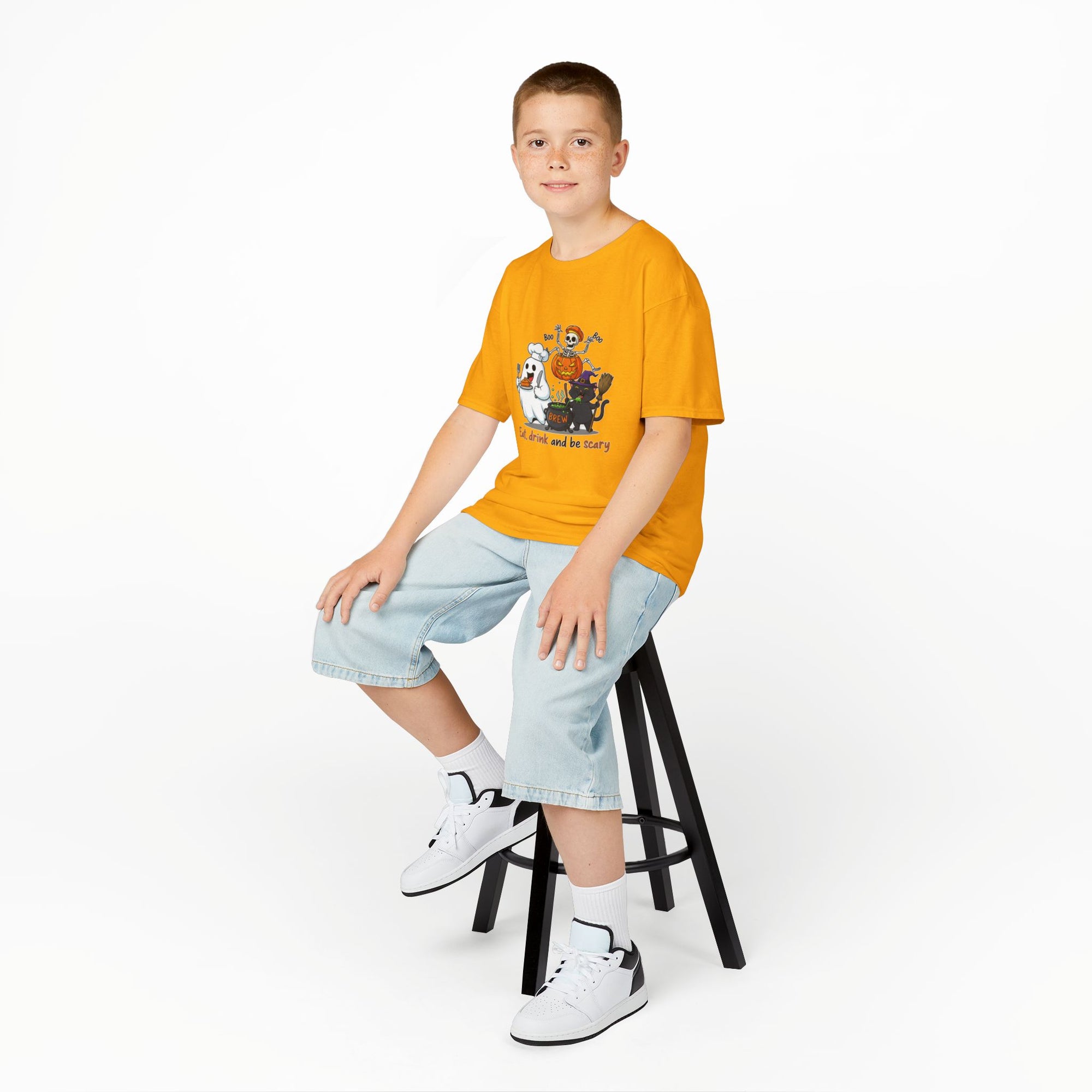 Eat Drink and Be Scary Kids Halloween T-Shirt | Cute Ghost Skeleton Pumpkin Cat Shirt for Boys Girls Trick or Treat Tee - Atlas Briefly