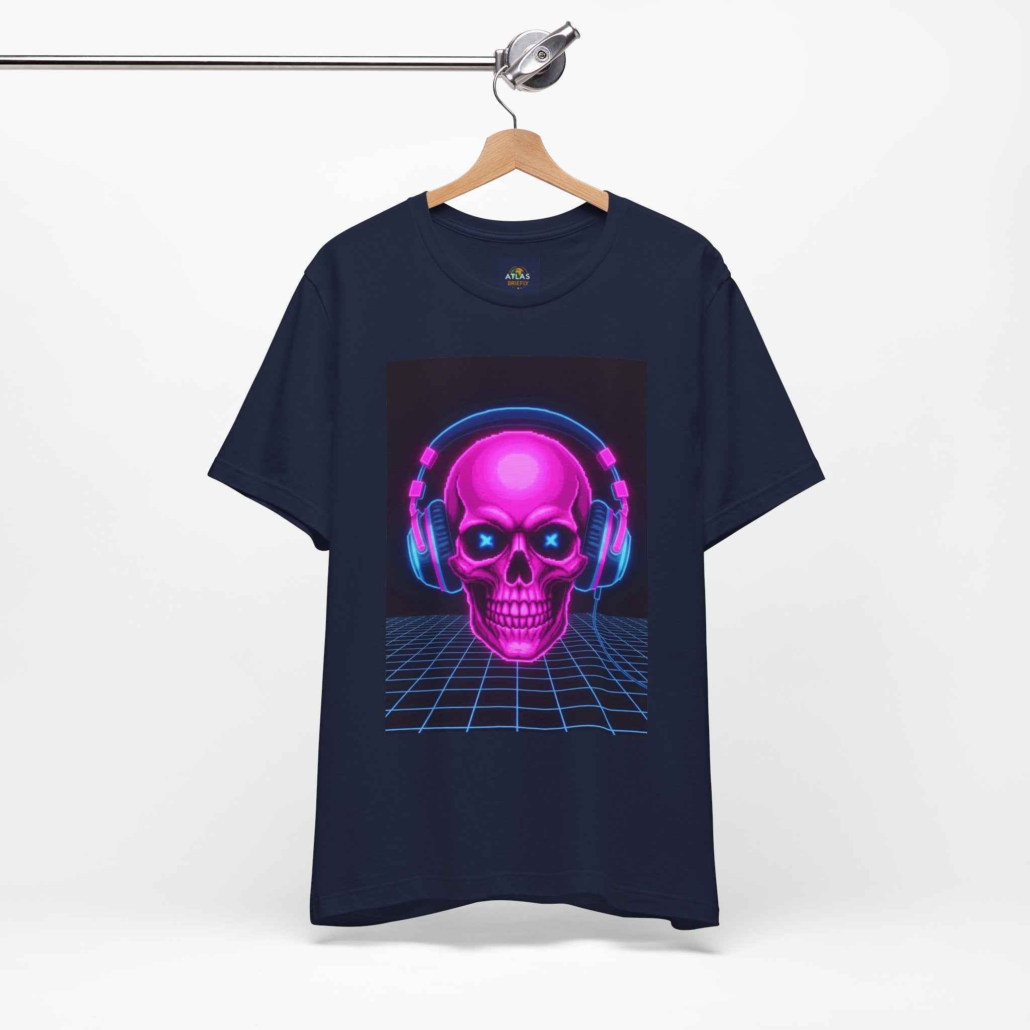 Neon Skull T-Shirt - Retro Gaming Synthwave Tee - Atlas Briefly
