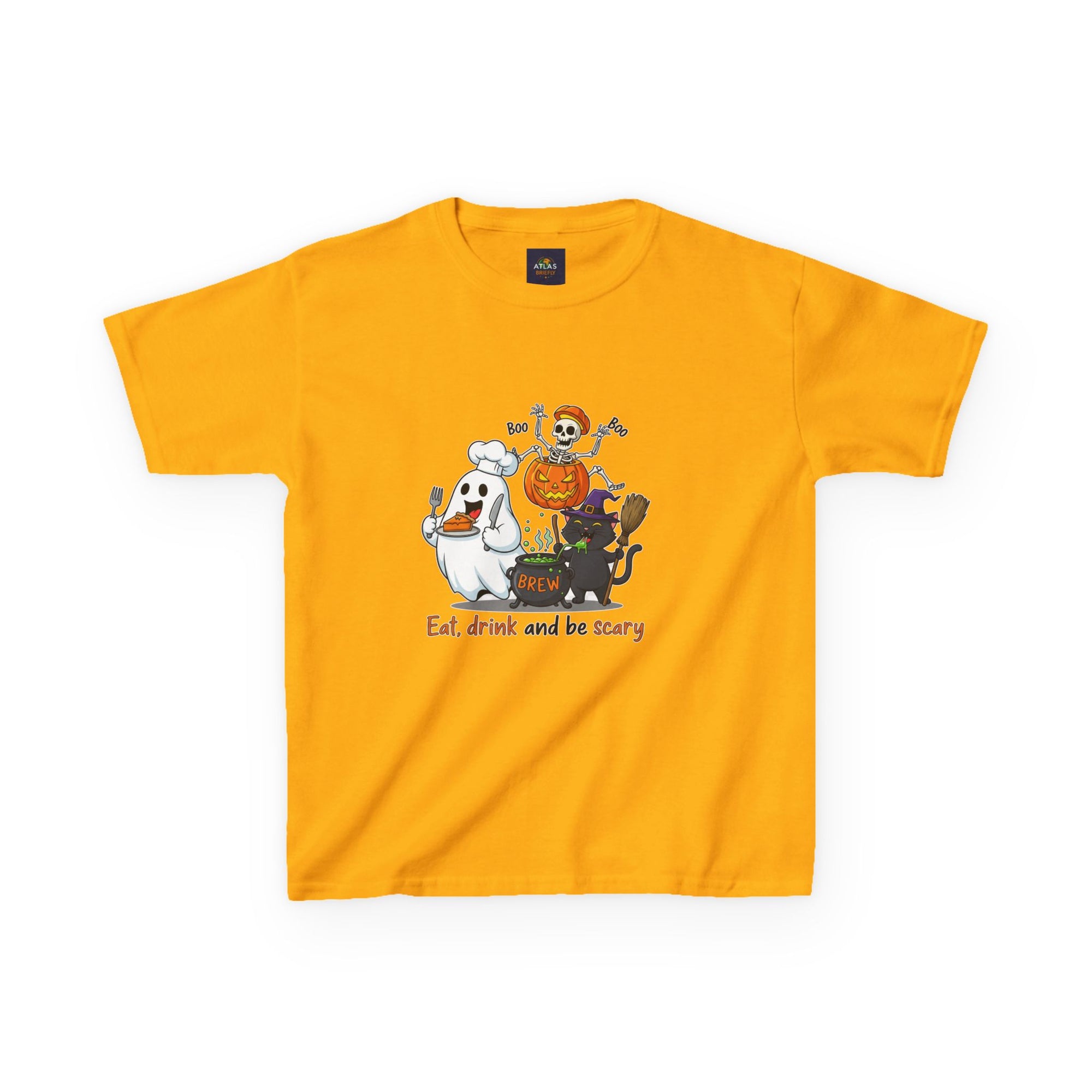 Eat Drink and Be Scary Kids Halloween T-Shirt | Cute Ghost Skeleton Pumpkin Cat Shirt for Boys Girls Trick or Treat Tee - Atlas Briefly