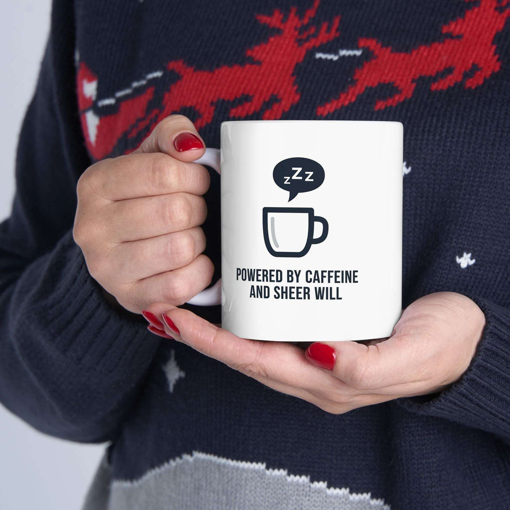 Powered by Caffeine and Sheer Will Mug - Funny Coffee Cup | Minimalist Humor Gift US Version - Atlas Briefly