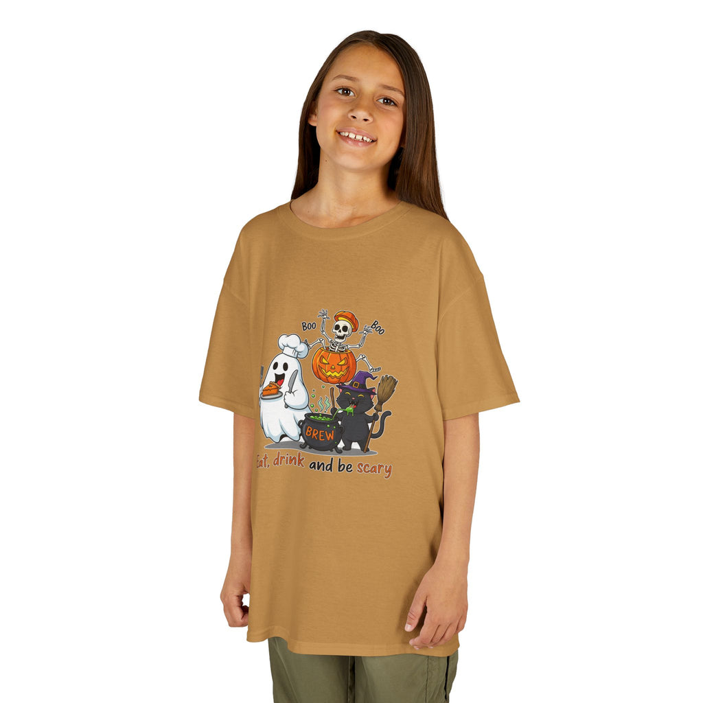 Eat Drink and Be Scary Kids Halloween T-Shirt | Cute Ghost Skeleton Pumpkin Cat Shirt for Boys Girls Trick or Treat Tee - Atlas Briefly