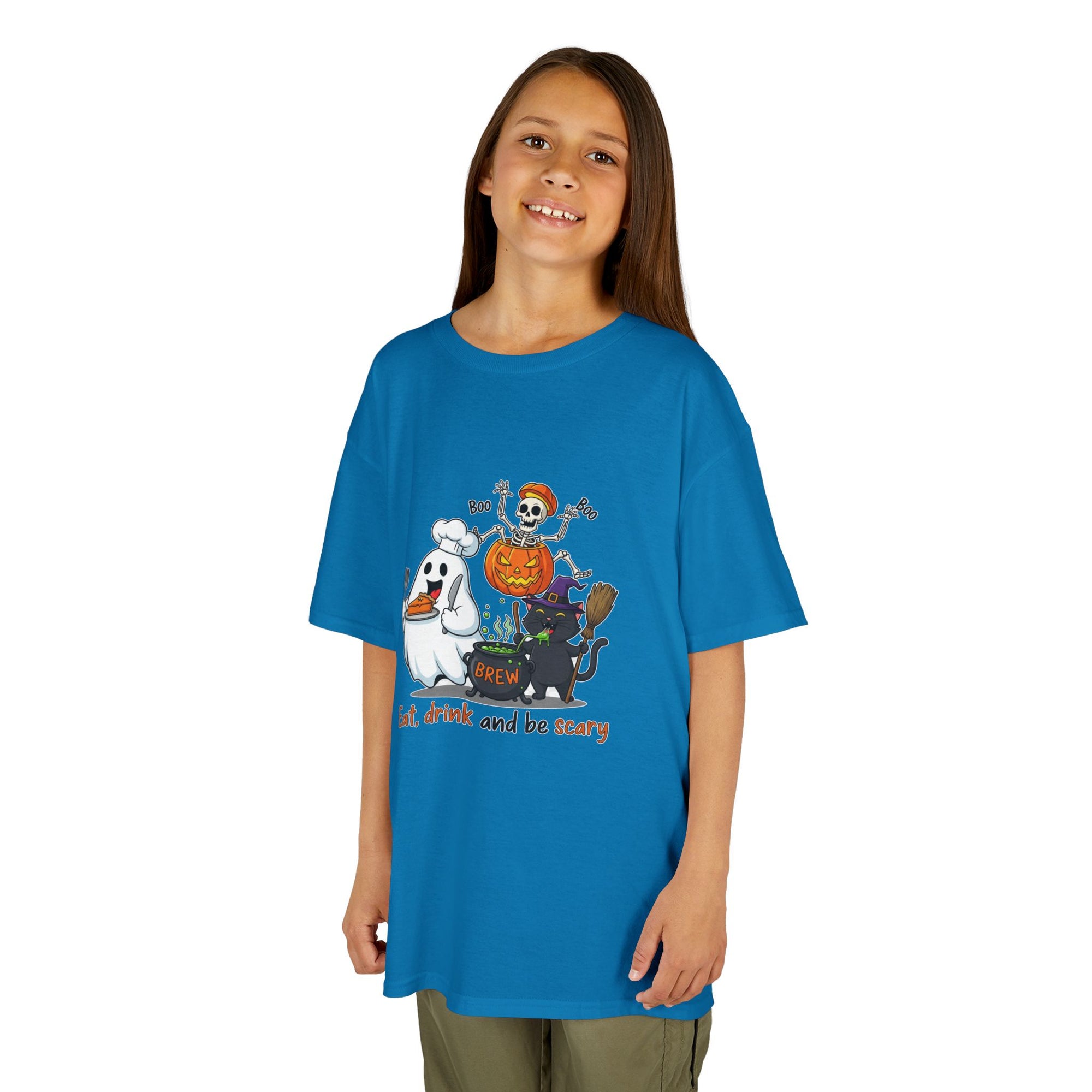 Eat Drink and Be Scary Kids Halloween T-Shirt | Cute Ghost Skeleton Pumpkin Cat Shirt for Boys Girls Trick or Treat Tee - Atlas Briefly