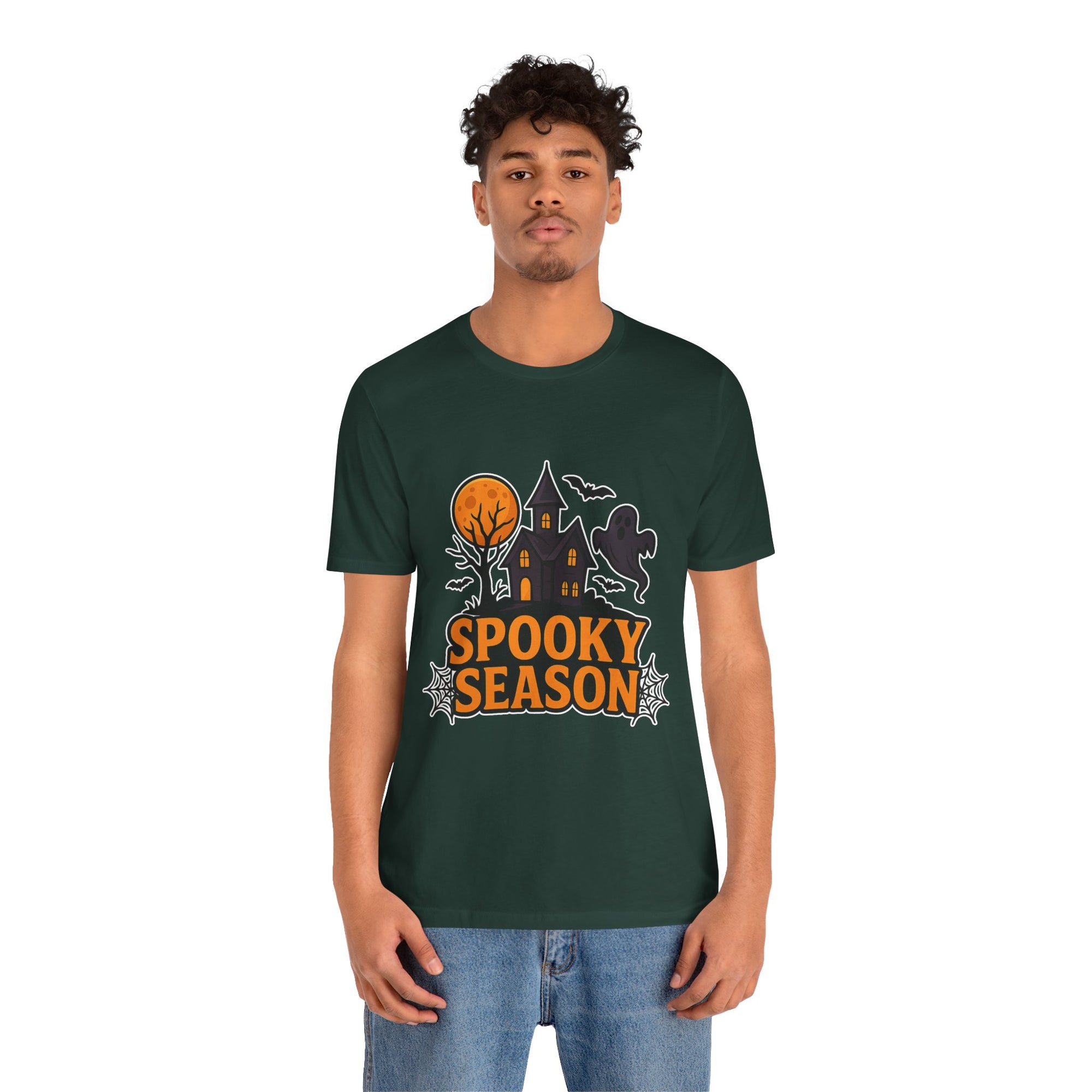 Spooky Season Halloween T-Shirt - Haunted House Ghost Bat Graphic Tee | Halloween Landscape Shirt - Atlas Briefly