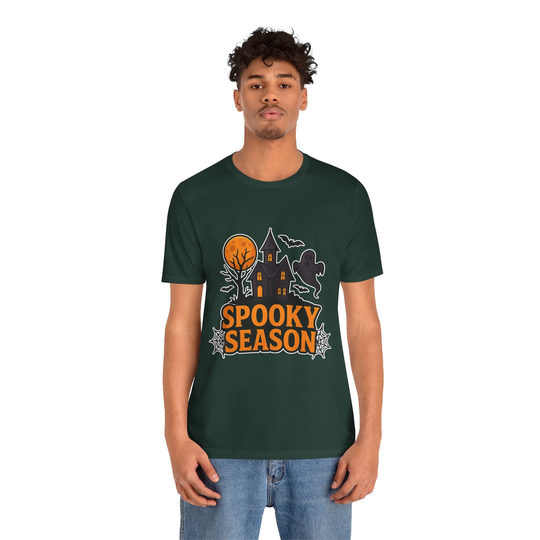Spooky Season Halloween T-Shirt - Haunted House Ghost Bat Graphic Tee | Halloween Landscape Shirt - Atlas Briefly