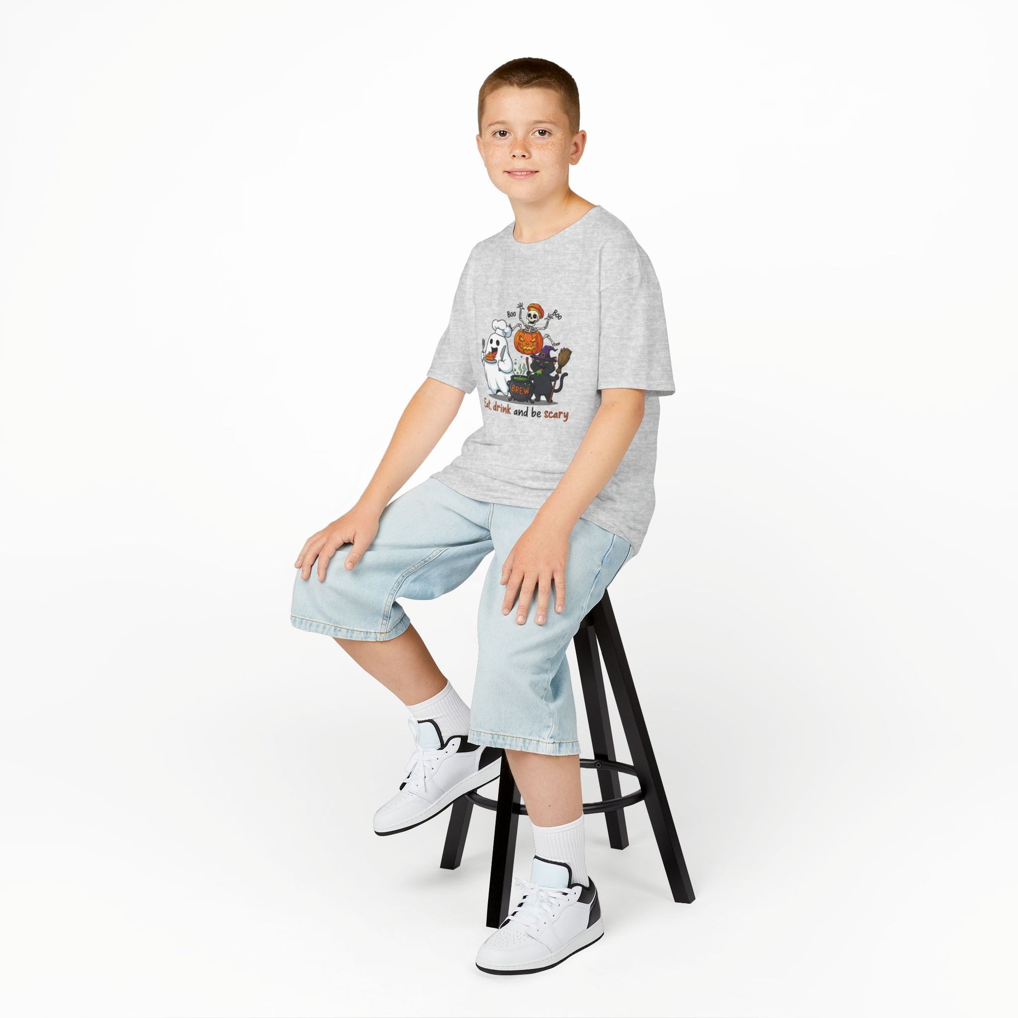 Eat Drink and Be Scary Kids Halloween T-Shirt | Cute Ghost Skeleton Pumpkin Cat Shirt for Boys Girls Trick or Treat Tee - Atlas Briefly