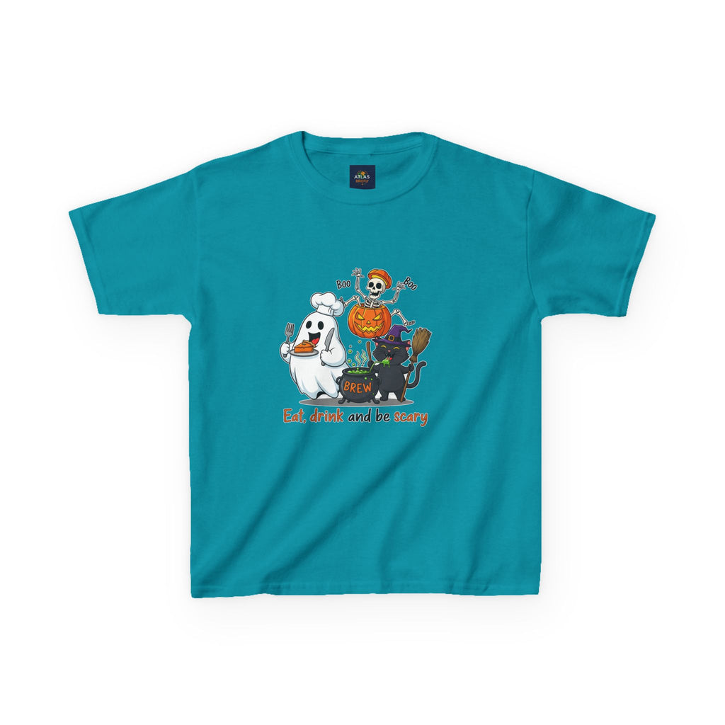 Eat Drink and Be Scary Kids Halloween T-Shirt | Cute Ghost Skeleton Pumpkin Cat Shirt for Boys Girls Trick or Treat Tee - Atlas Briefly