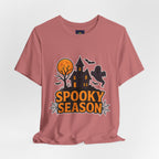 Spooky Season Halloween T-Shirt - Haunted House Ghost Bat Graphic Tee | Halloween Landscape Shirt - Atlas Briefly