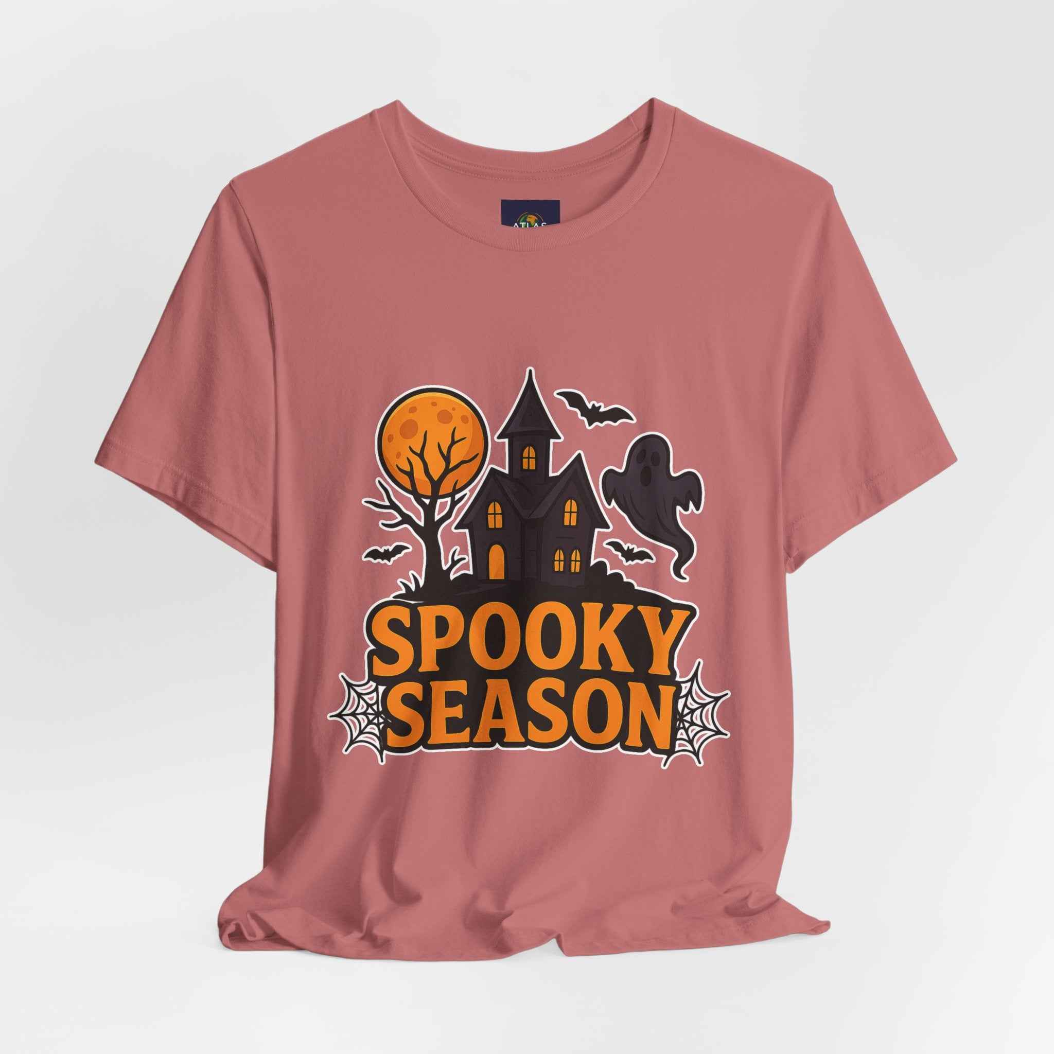Spooky Season Halloween T-Shirt - Haunted House Ghost Bat Graphic Tee for Halloween Enthusiasts - Atlas Briefly