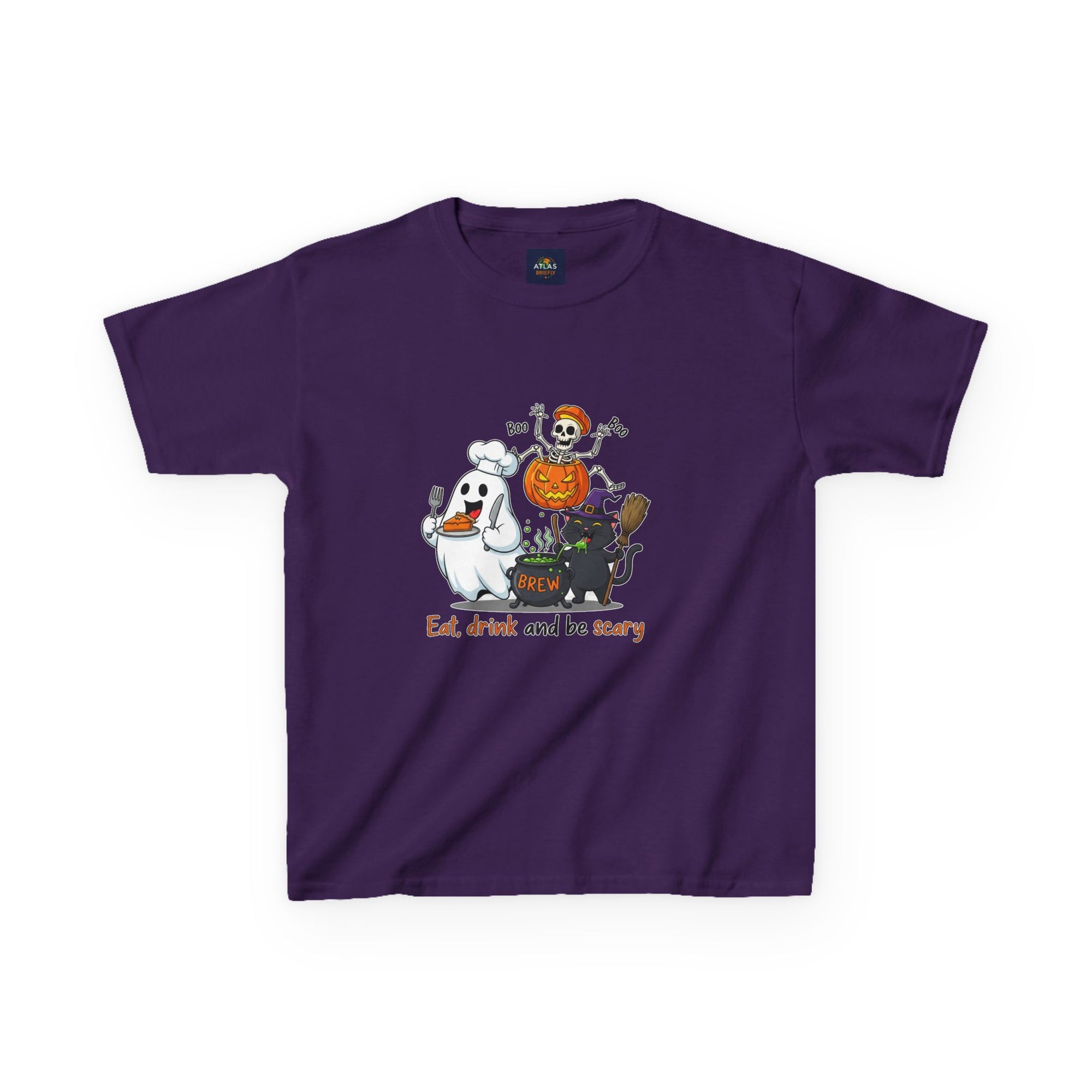 Eat Drink and Be Scary Kids Halloween T-Shirt | Cute Ghost Skeleton Pumpkin Cat Shirt for Boys Girls Trick or Treat Tee - Atlas Briefly