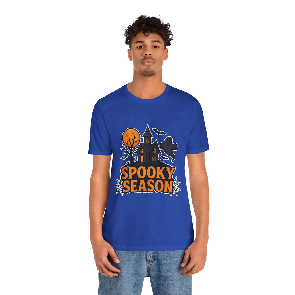 Spooky Season Halloween T-Shirt - Haunted House Ghost Bat Graphic Tee | Halloween Landscape Shirt - Atlas Briefly