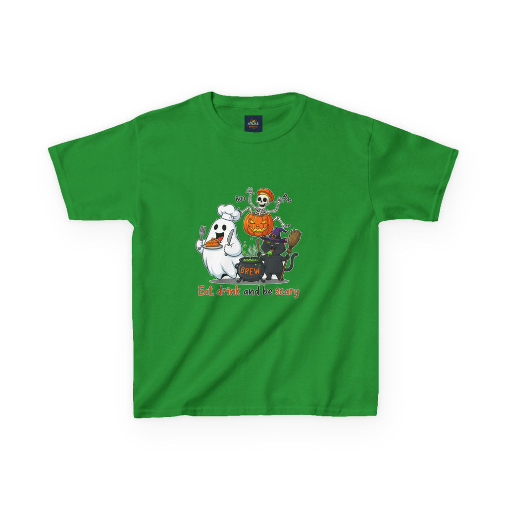 Eat Drink and Be Scary Kids Halloween T-Shirt | Cute Ghost Skeleton Pumpkin Cat Shirt for Boys Girls Trick or Treat Tee - Atlas Briefly