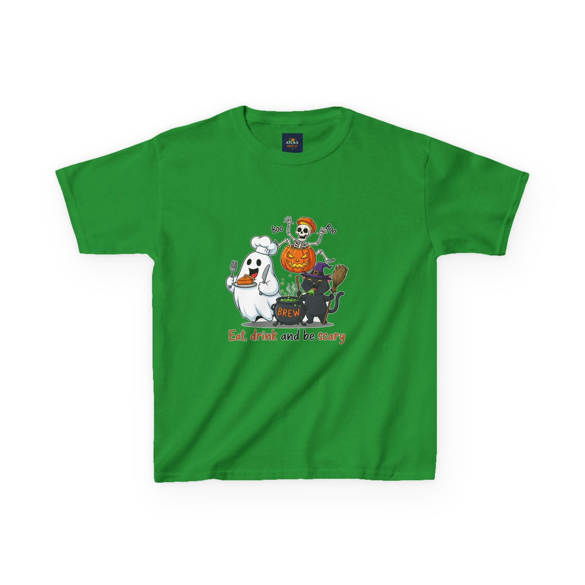 Eat Drink and Be Scary Kids Halloween T-Shirt | Cute Ghost Skeleton Pumpkin Cat Shirt for Boys Girls Trick or Treat Tee - Atlas Briefly