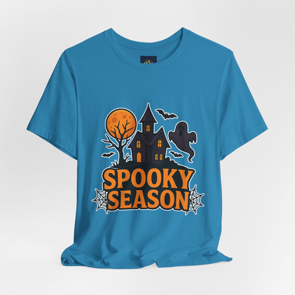 Spooky Season Halloween T-Shirt - Haunted House Ghost Bat Graphic Tee | Halloween Landscape Shirt - Atlas Briefly