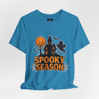 Spooky Season Halloween T-Shirt - Haunted House Ghost Bat Graphic Tee | Halloween Landscape Shirt - Atlas Briefly