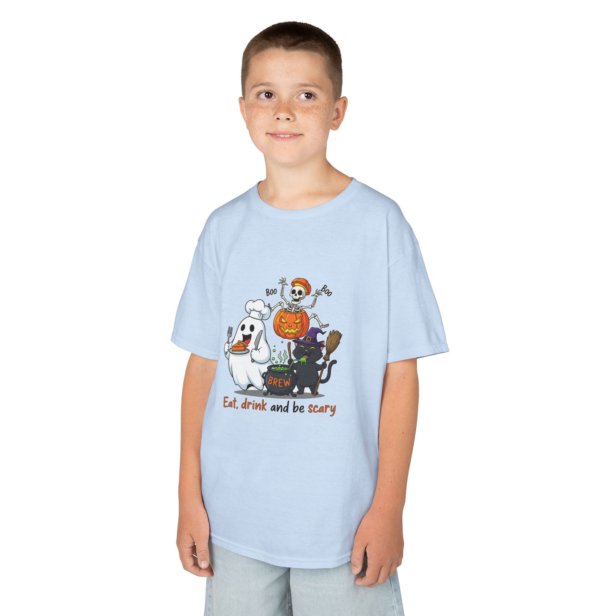 Eat Drink and Be Scary Kids Halloween T-Shirt | Cute Ghost Skeleton Pumpkin Cat Shirt for Boys Girls Trick or Treat Tee - Atlas Briefly