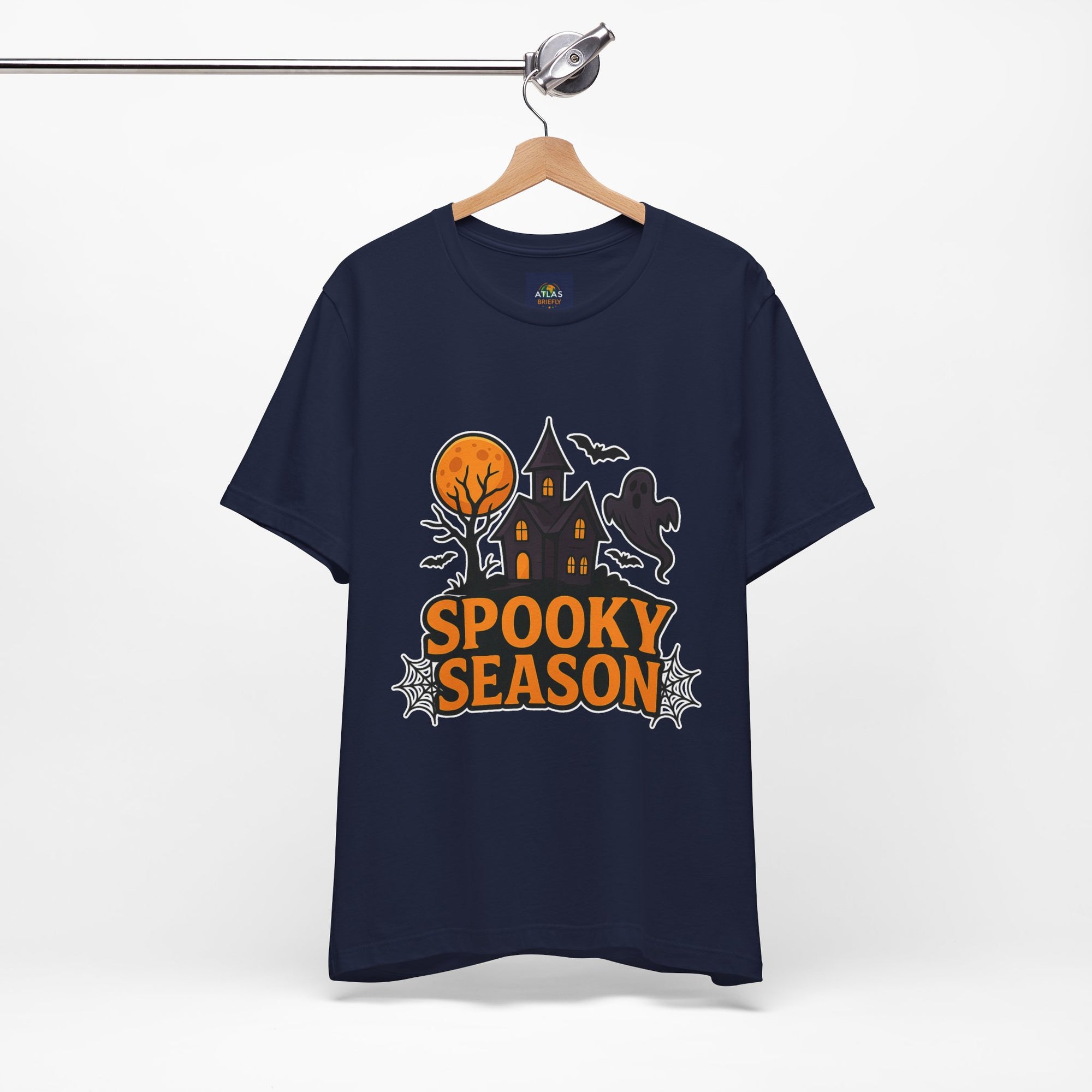 Spooky Season Halloween T-Shirt - Haunted House Ghost Bat Graphic Tee | Halloween Landscape Shirt - Atlas Briefly