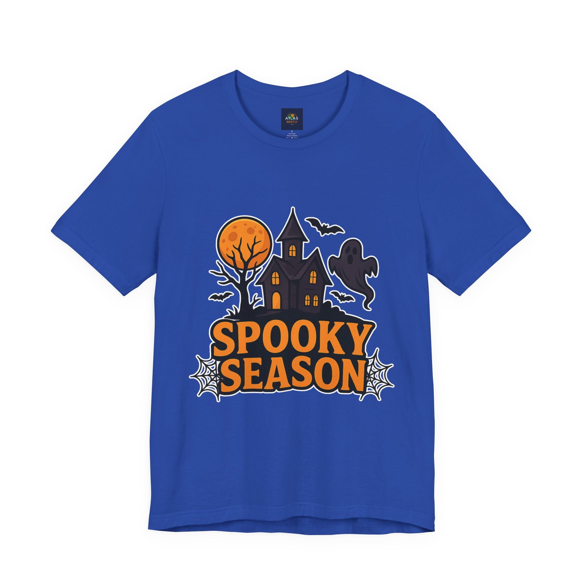 Spooky Season Halloween T-Shirt - Haunted House Ghost Bat Graphic Tee | Halloween Landscape Shirt - Atlas Briefly