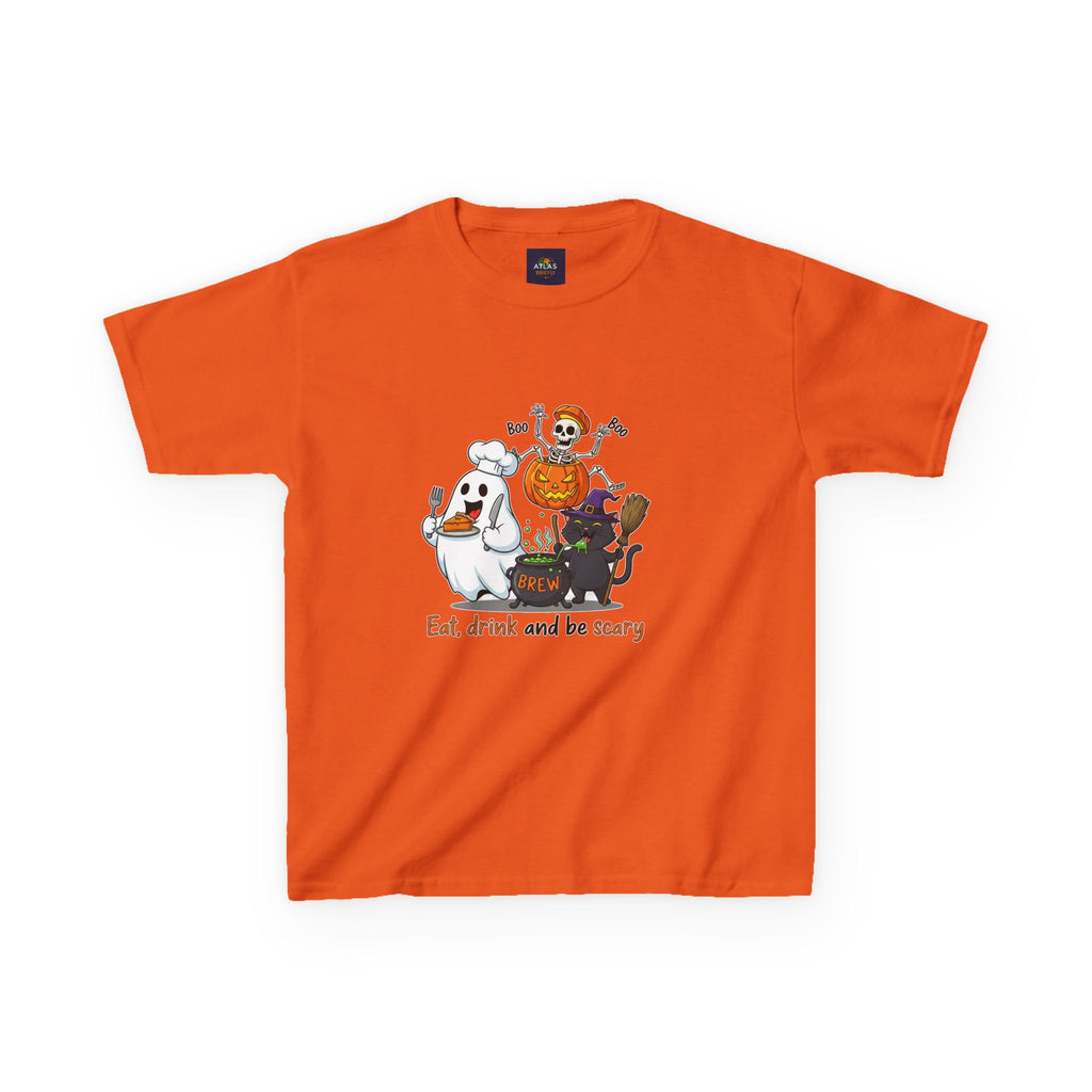 Eat Drink and Be Scary Kids Halloween T-Shirt | Cute Ghost Skeleton Pumpkin Cat Shirt for Boys Girls Trick or Treat Tee - Atlas Briefly