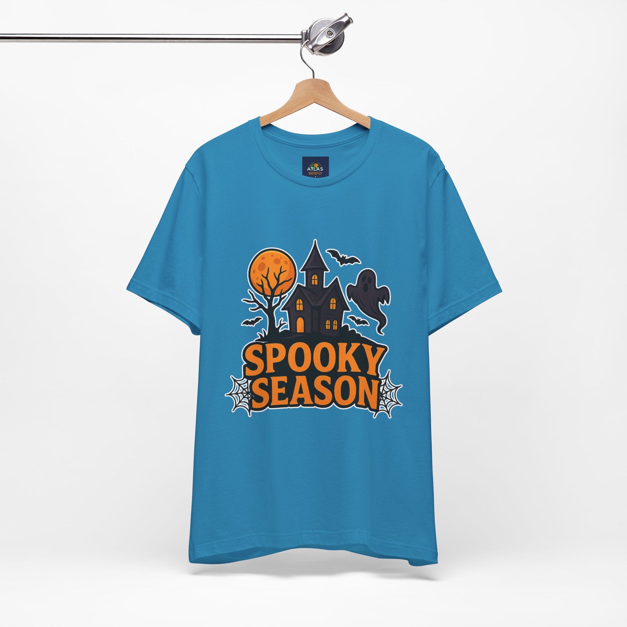 Spooky Season Halloween T-Shirt - Haunted House Ghost Bat Graphic Tee | Halloween Landscape Shirt - Atlas Briefly