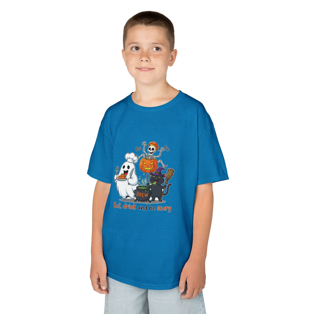 Eat Drink and Be Scary Kids Halloween T-Shirt | Cute Ghost Skeleton Pumpkin Cat Shirt for Boys Girls Trick or Treat Tee - Atlas Briefly