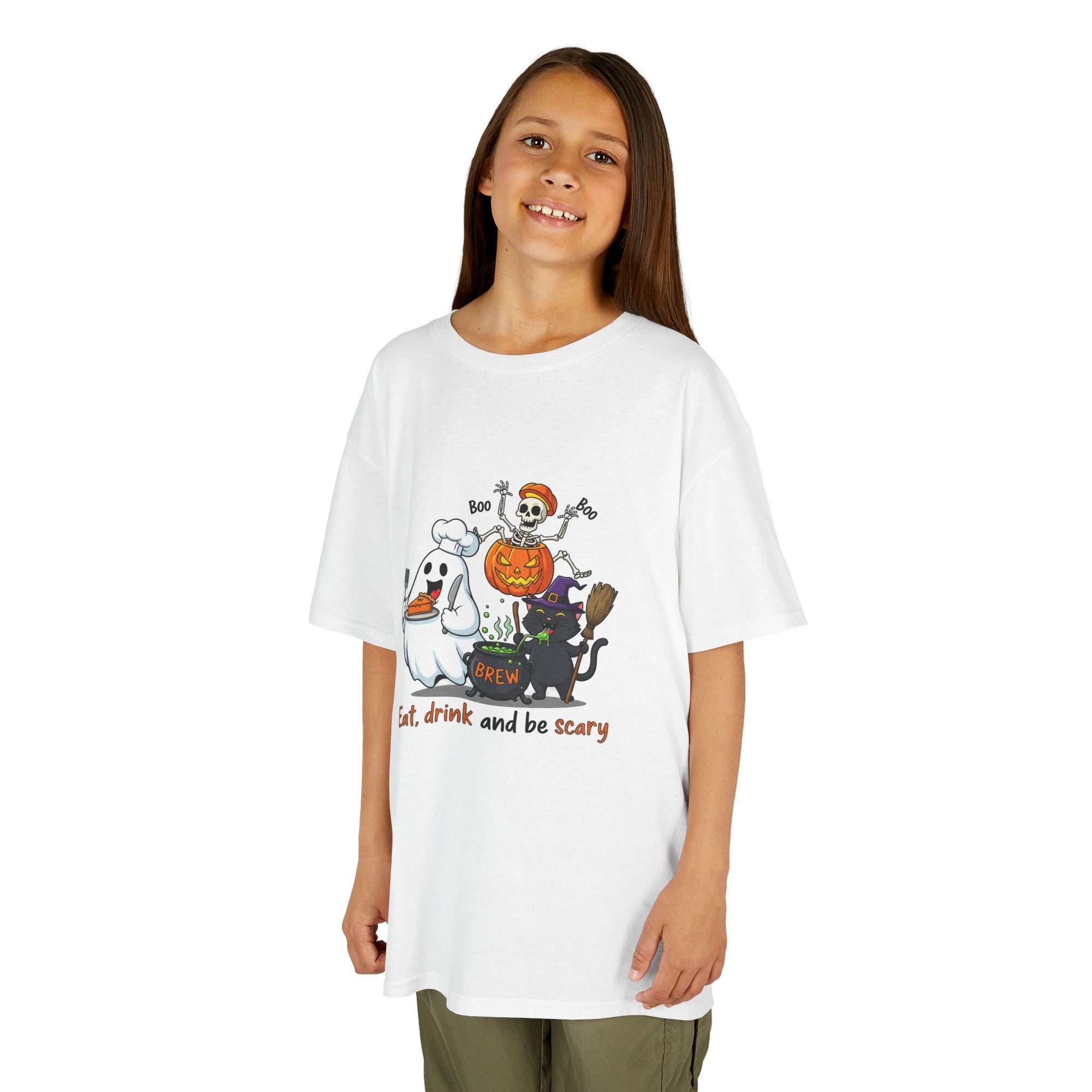 Eat Drink and Be Scary Kids Halloween T-Shirt | Cute Ghost Skeleton Pumpkin Cat Shirt for Boys Girls Trick or Treat Tee - Atlas Briefly