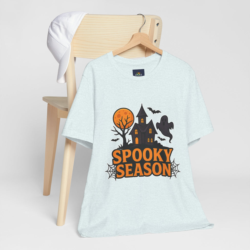 Spooky Season Halloween T-Shirt - Haunted House Ghost Bat Graphic Tee | Halloween Landscape Shirt - Atlas Briefly