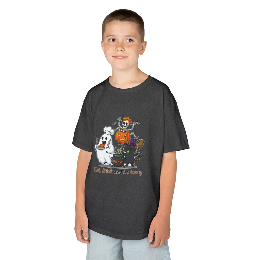 Eat Drink and Be Scary Kids Halloween T-Shirt | Cute Ghost Skeleton Pumpkin Cat Shirt for Boys Girls Trick or Treat Tee - Atlas Briefly