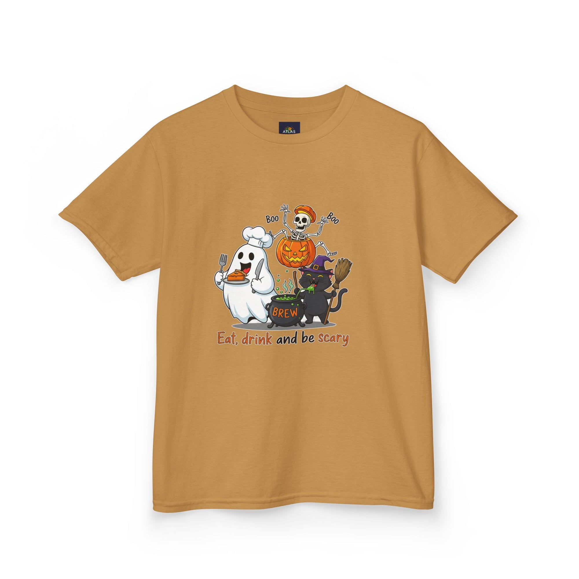 Eat Drink and Be Scary Kids Halloween T-Shirt | Cute Ghost Skeleton Pumpkin Cat Shirt for Boys Girls Trick or Treat Tee - Atlas Briefly