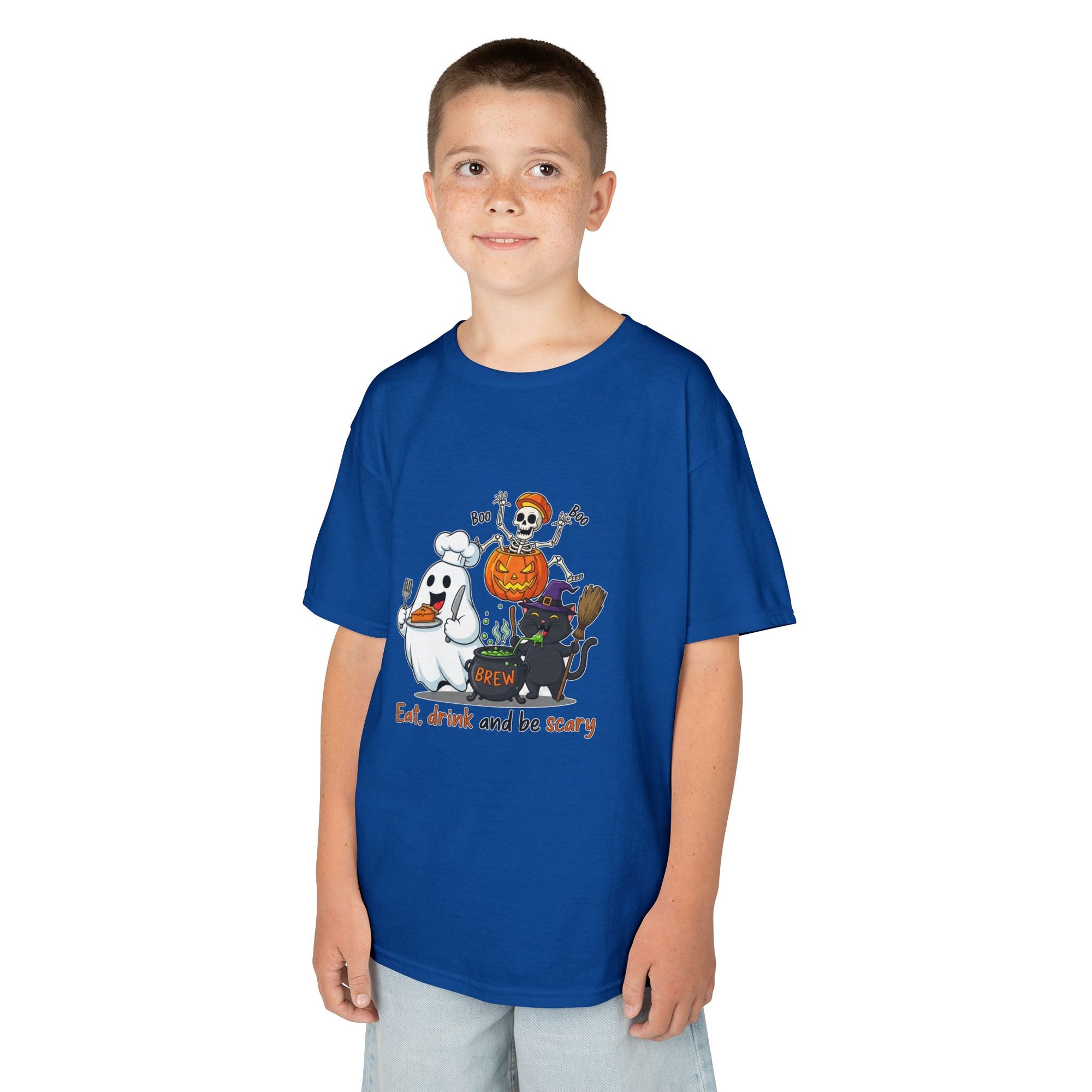 Eat Drink and Be Scary Kids Halloween T-Shirt | Cute Ghost Skeleton Pumpkin Cat Shirt for Boys Girls Trick or Treat Tee - Atlas Briefly