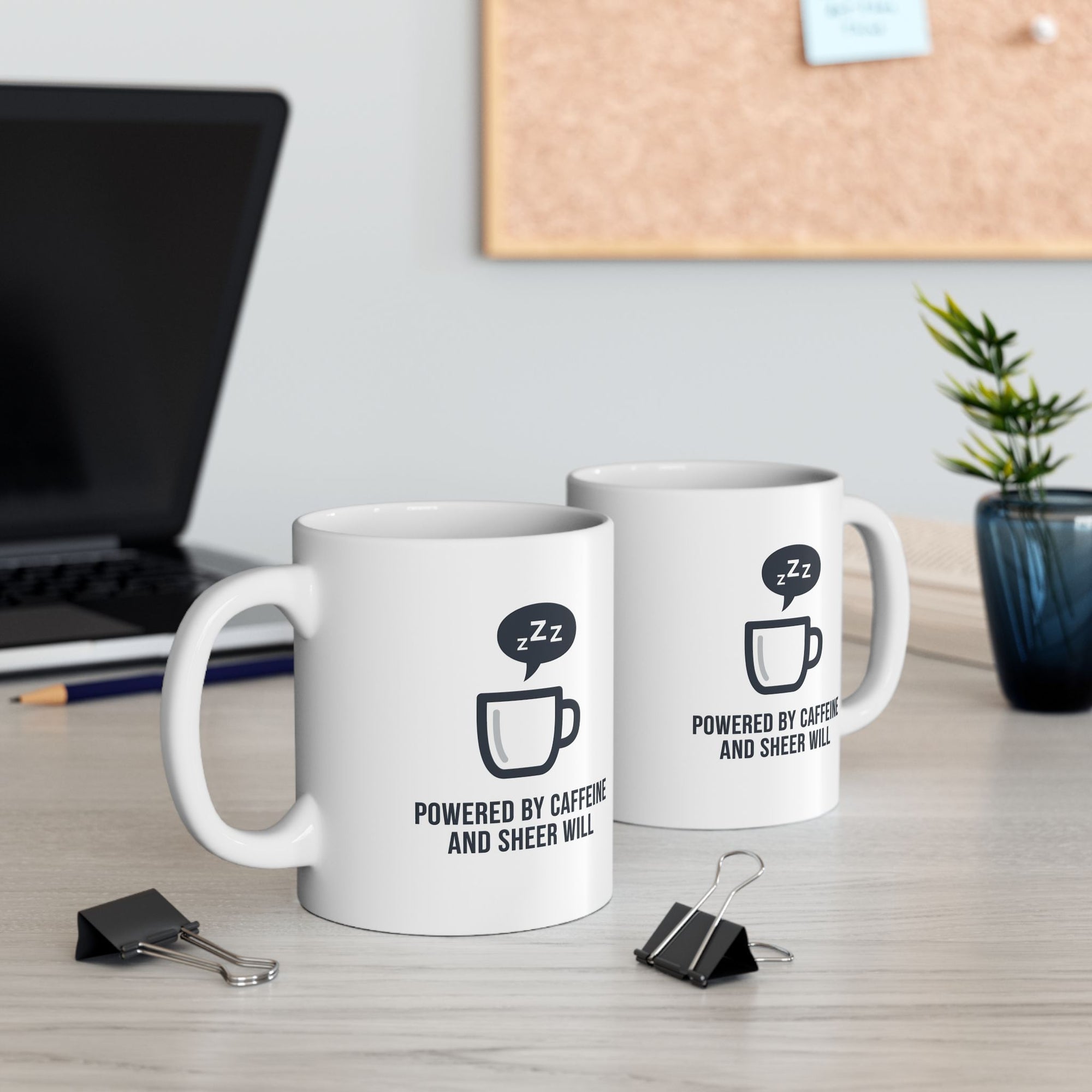 Powered by Caffeine and Sheer Will Mug - Funny Coffee Cup | Minimalist Humor Gift US Version - Atlas Briefly