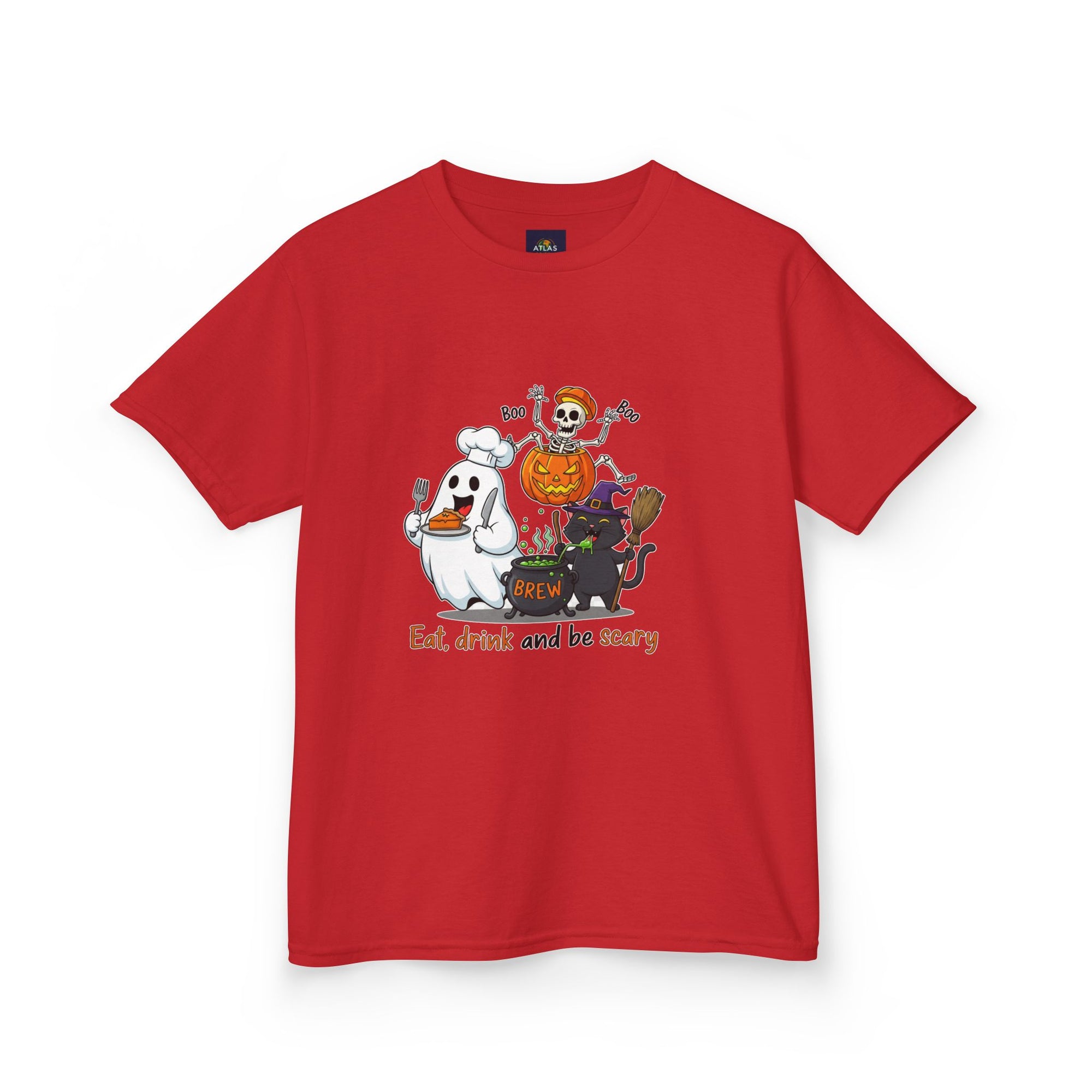 Eat Drink and Be Scary Kids Halloween T-Shirt | Cute Ghost Skeleton Pumpkin Cat Shirt for Boys Girls Trick or Treat Tee - Atlas Briefly