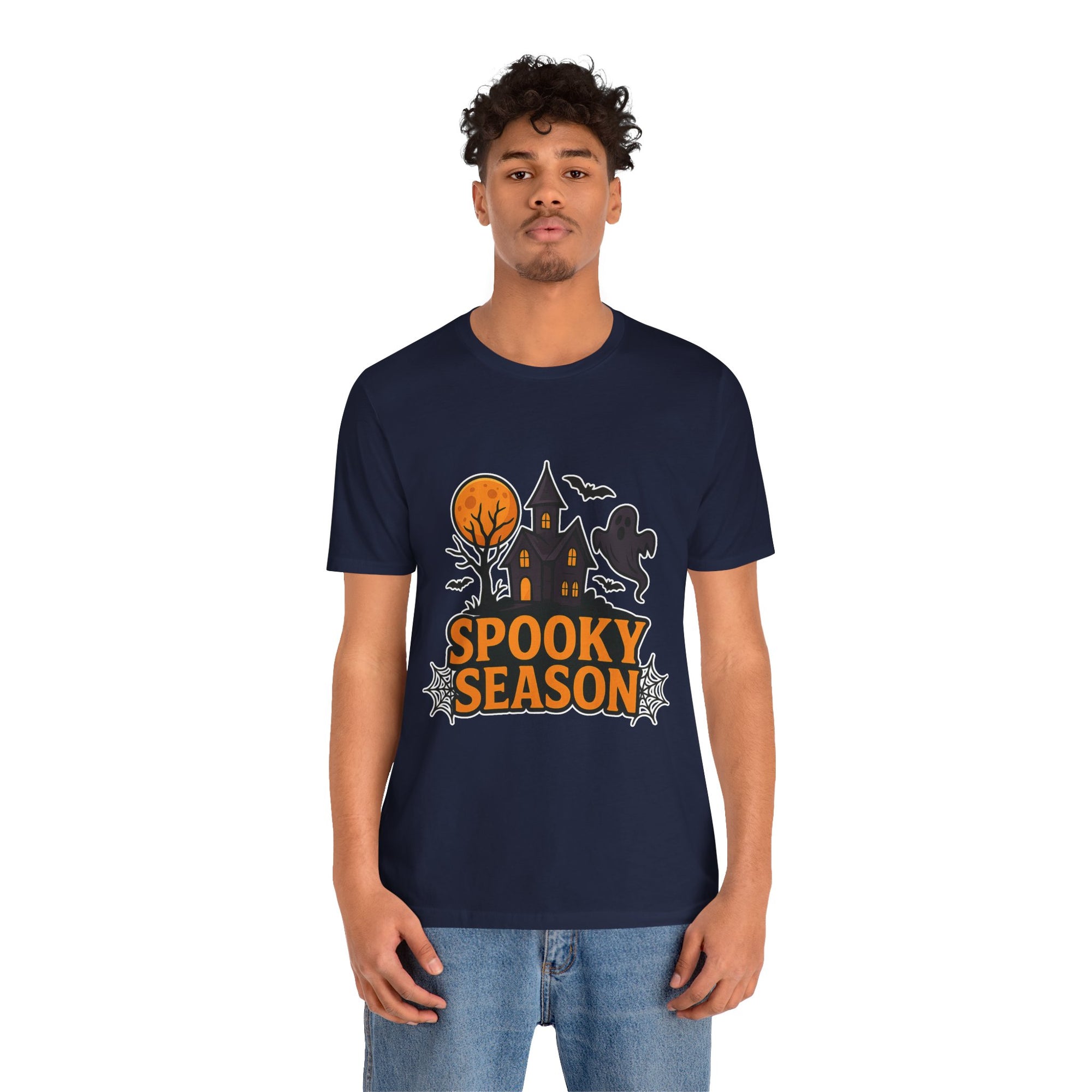 Spooky Season Halloween T-Shirt - Haunted House Ghost Bat Graphic Tee | Halloween Landscape Shirt - Atlas Briefly