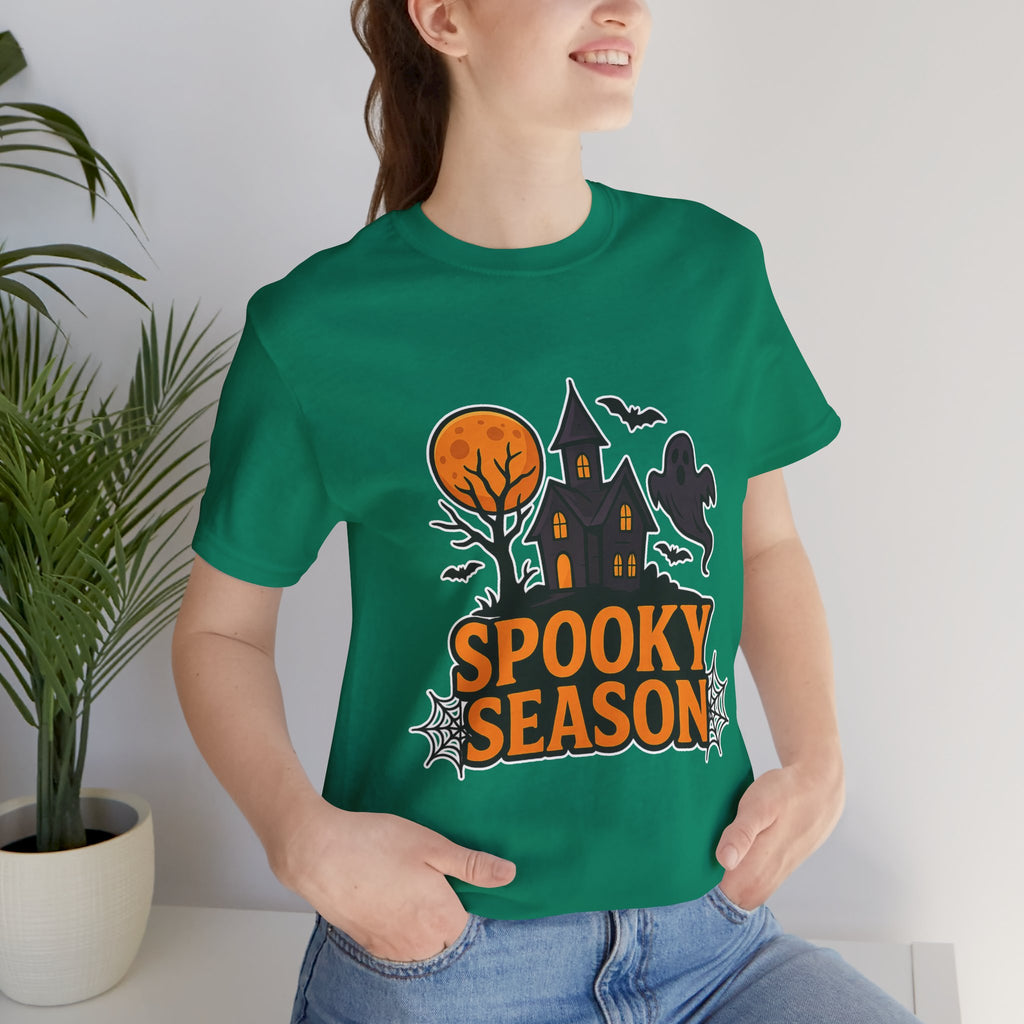 Spooky Season Halloween T-Shirt - Haunted House Ghost Bat Graphic Tee | Halloween Landscape Shirt - Atlas Briefly