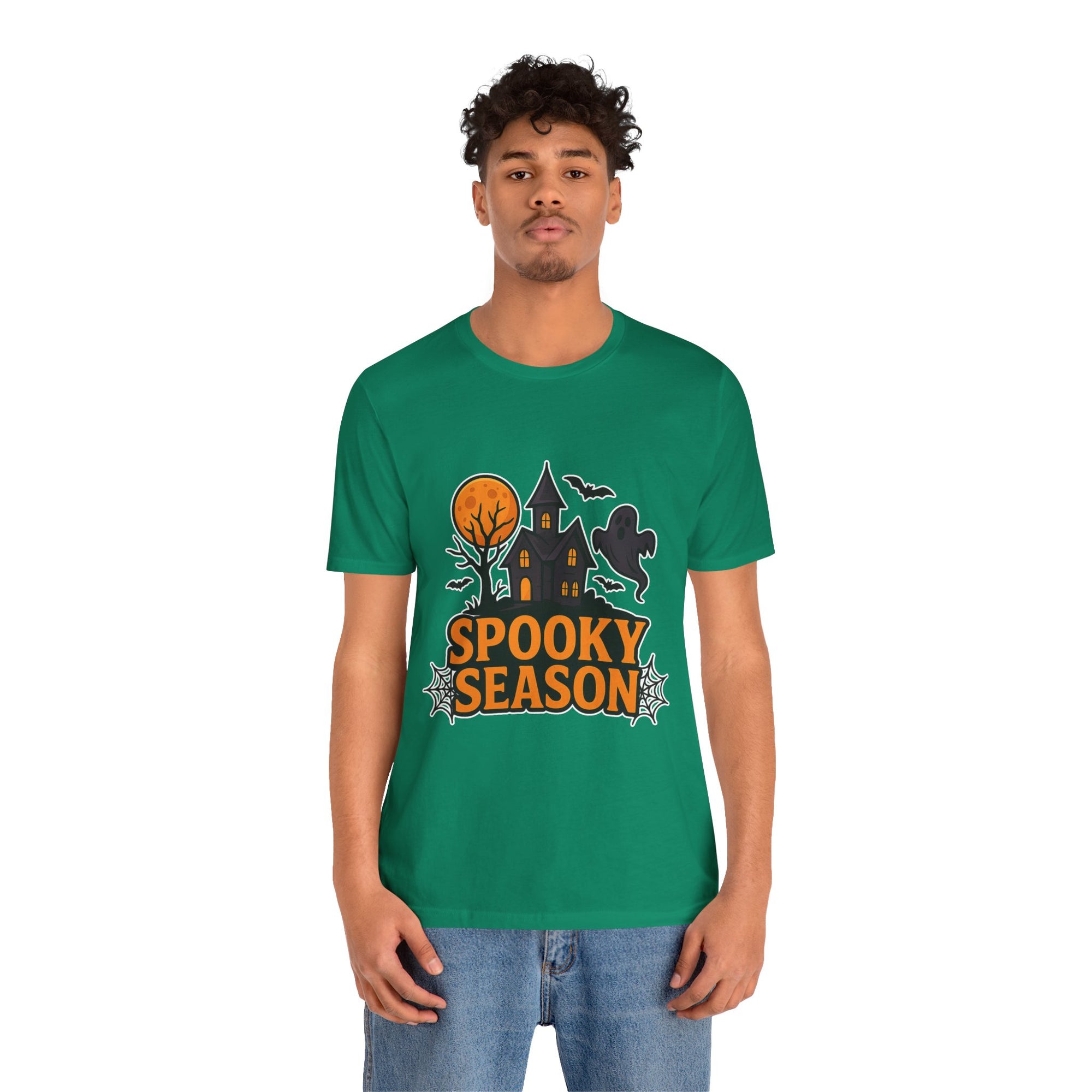 Spooky Season Halloween T-Shirt - Haunted House Ghost Bat Graphic Tee | Halloween Landscape Shirt - Atlas Briefly