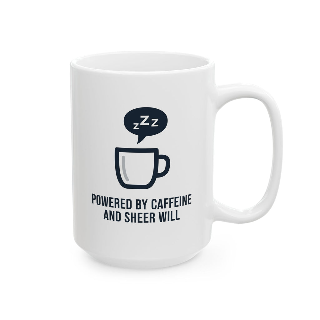 Powered by Caffeine and Sheer Will Mug - Funny Coffee Cup | Minimalist Humor Gift US Version - Atlas Briefly