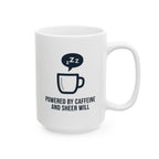 Powered by Caffeine and Sheer Will Mug - Funny Coffee Cup | Minimalist Humor Gift US Version - Atlas Briefly