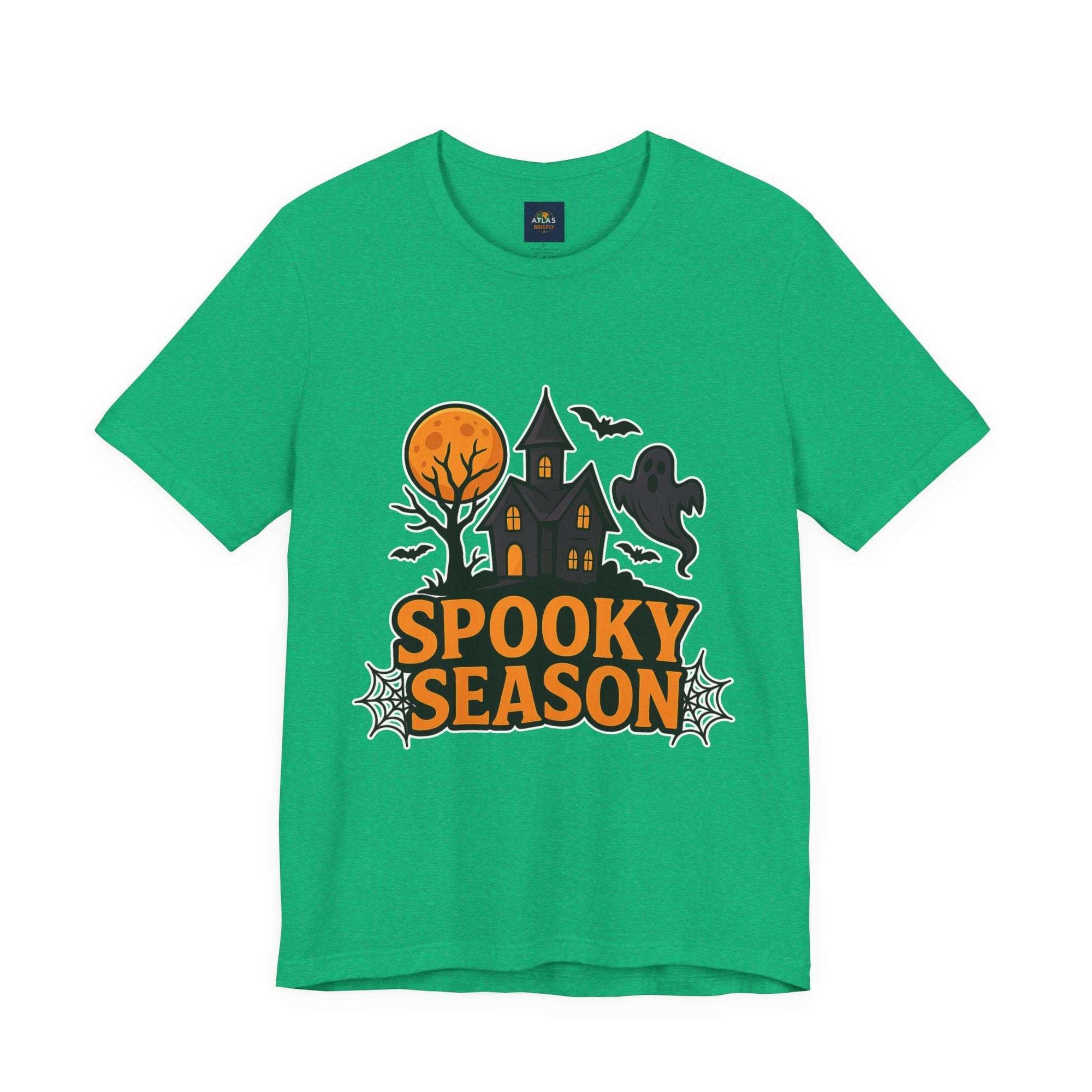 Spooky Season Halloween T-Shirt - Haunted House Ghost Bat Graphic Tee | Halloween Landscape Shirt - Atlas Briefly