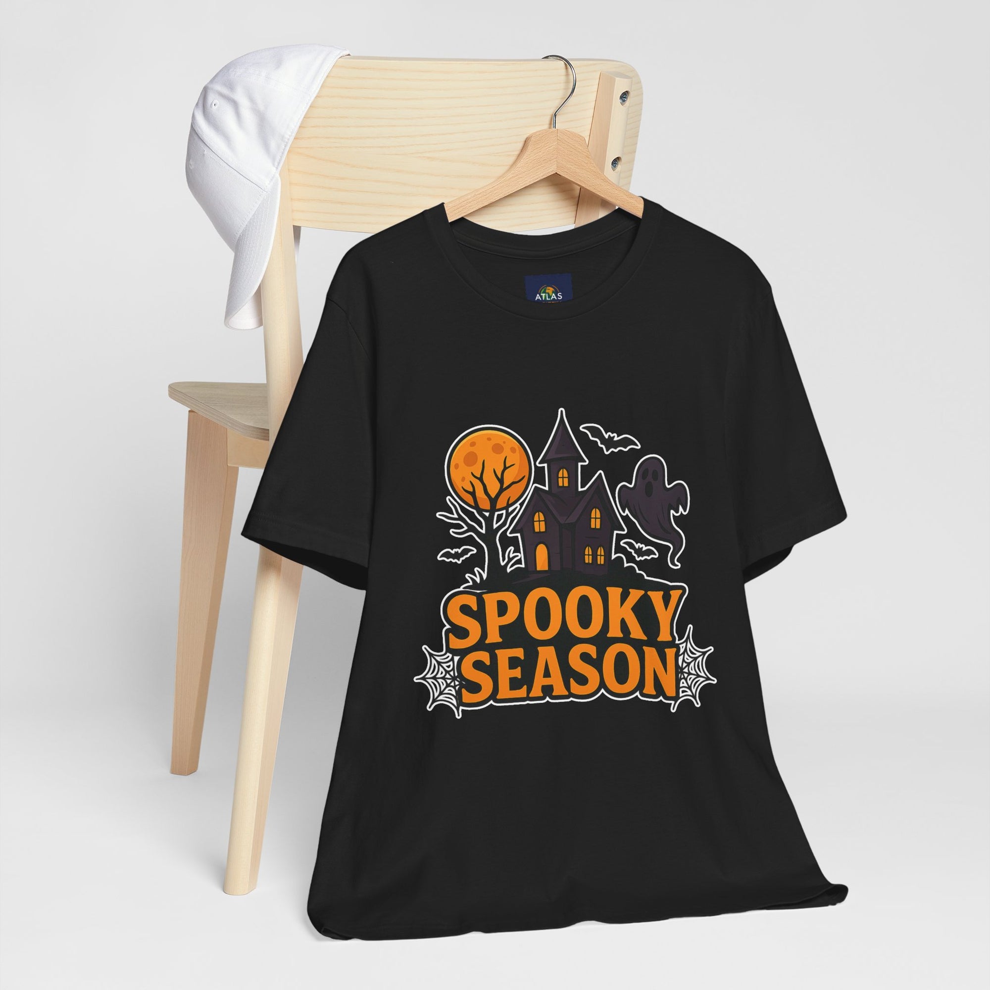 Spooky Season Halloween T-Shirt - Haunted House Ghost Bat Graphic Tee | Halloween Landscape Shirt - Atlas Briefly