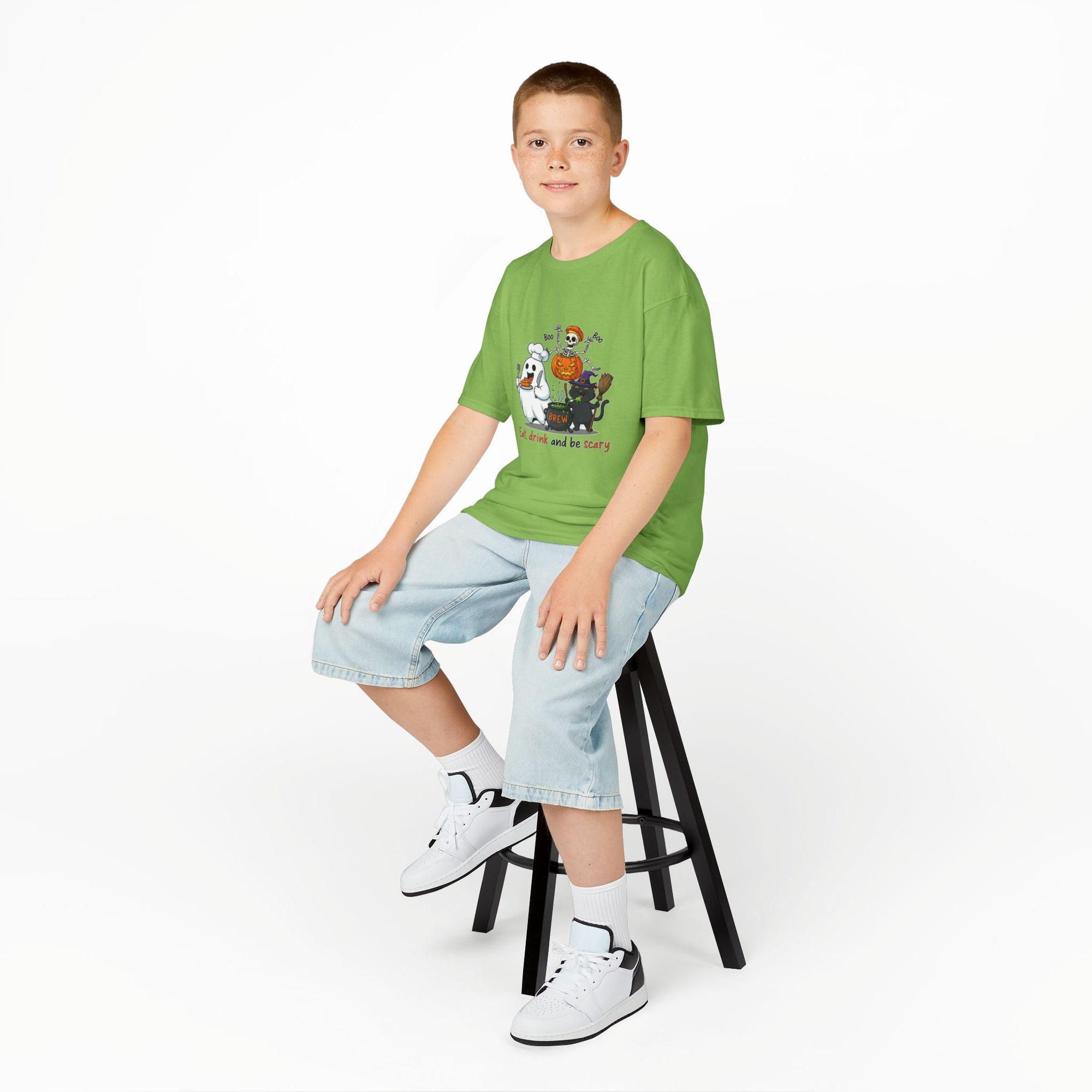 Eat Drink and Be Scary Kids Halloween T-Shirt | Cute Ghost Skeleton Pumpkin Cat Shirt for Boys Girls Trick or Treat Tee - Atlas Briefly