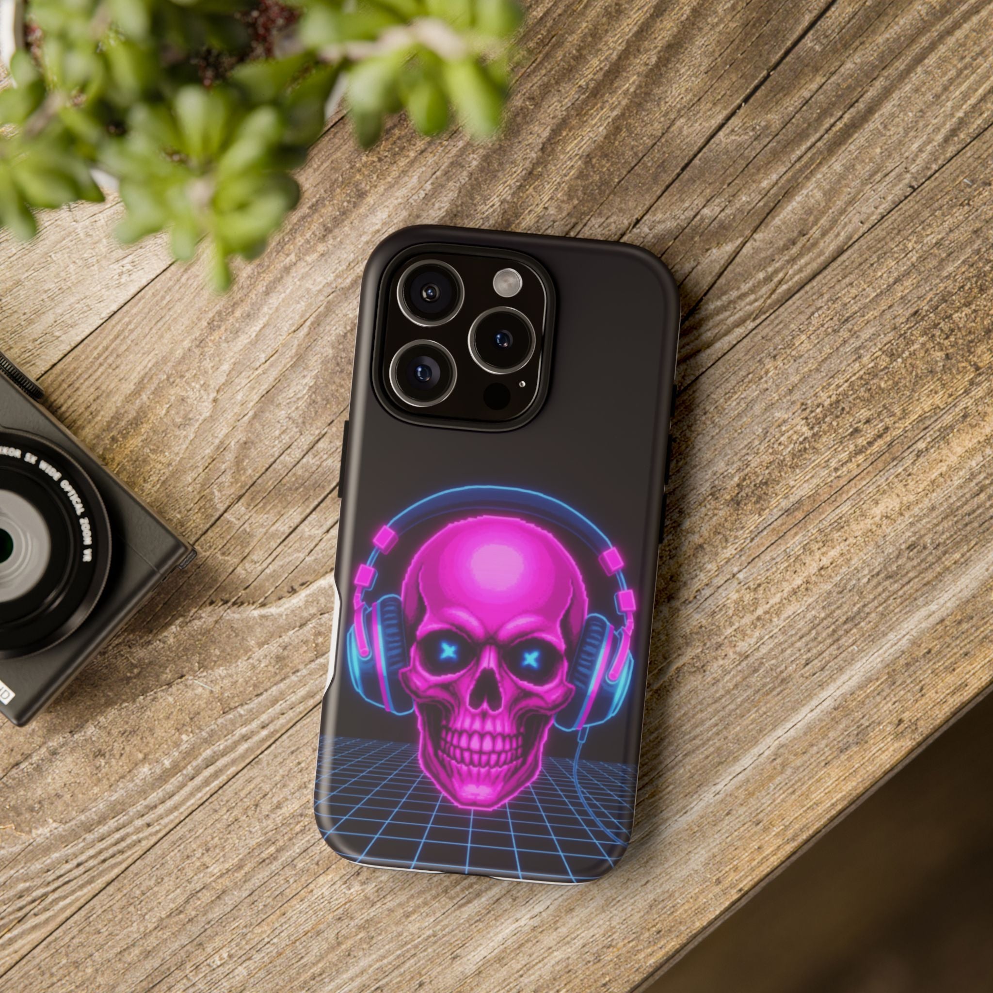 Neon Skull Synthwave Phone Case - Retro 80s Cyberpunk Mobile Cover | Vaporwave Tech Gift - Atlas Briefly