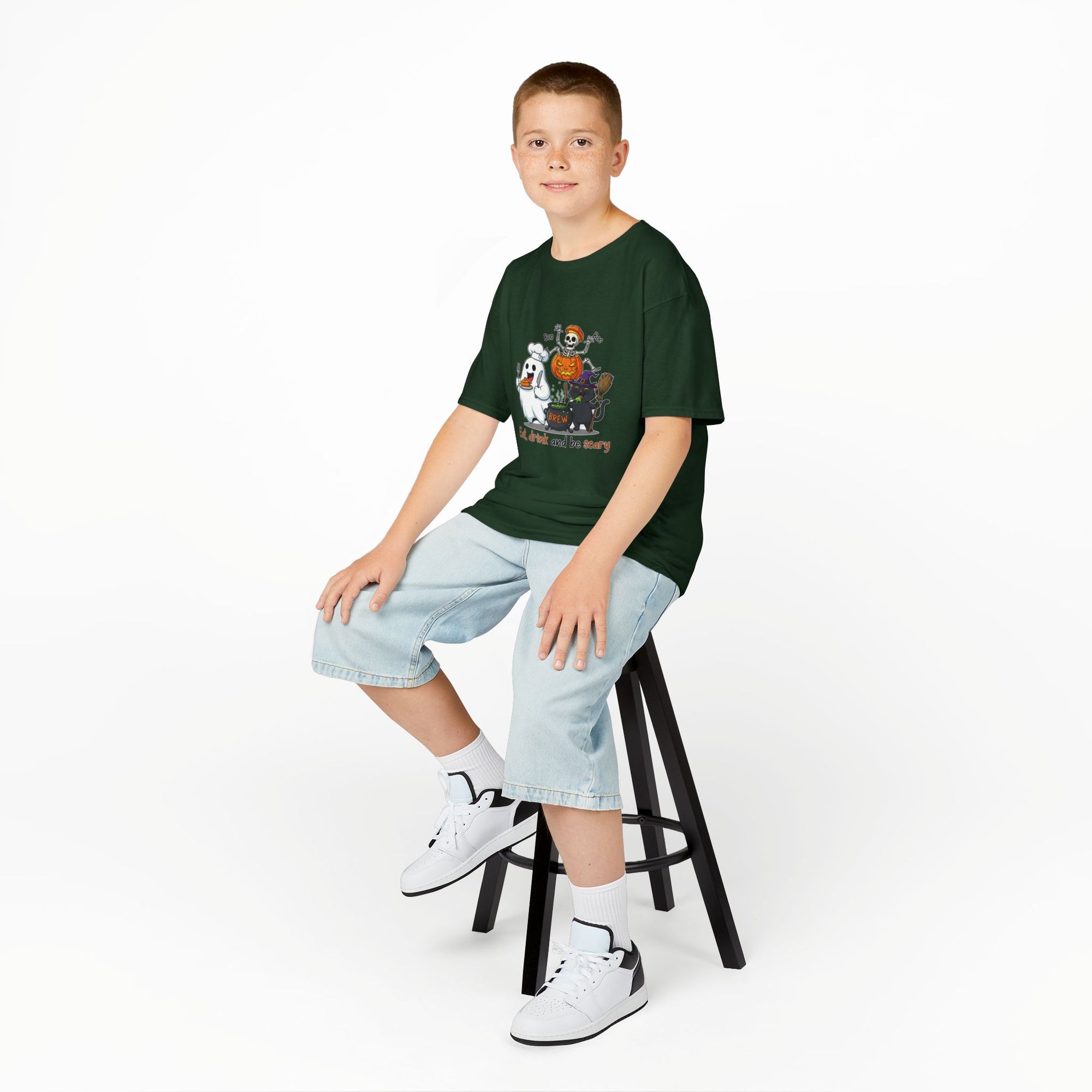 Eat Drink and Be Scary Kids Halloween T-Shirt | Cute Ghost Skeleton Pumpkin Cat Shirt for Boys Girls Trick or Treat Tee - Atlas Briefly