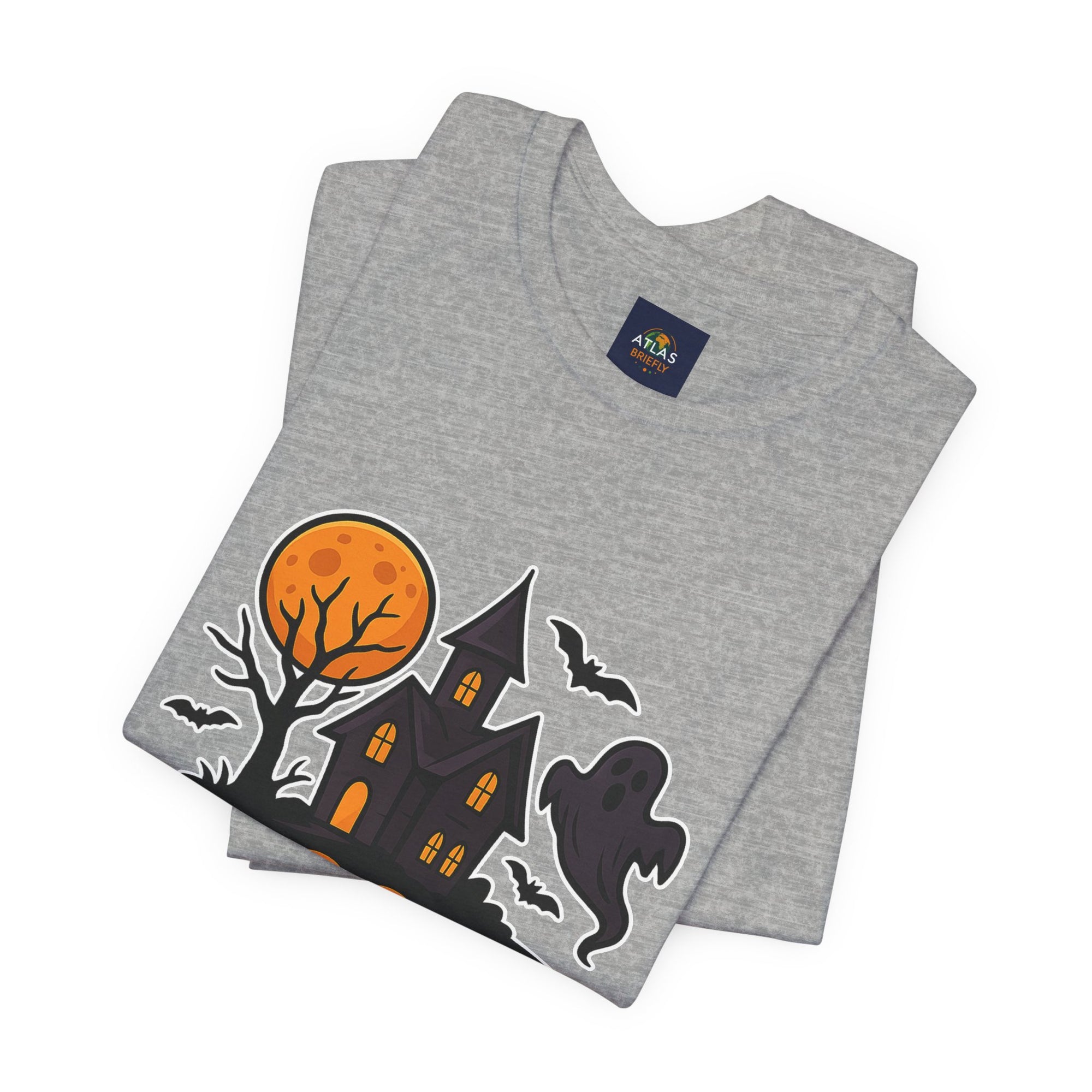 Spooky Season Halloween T-Shirt - Haunted House Ghost Bat Graphic Tee | Halloween Landscape Shirt - Atlas Briefly