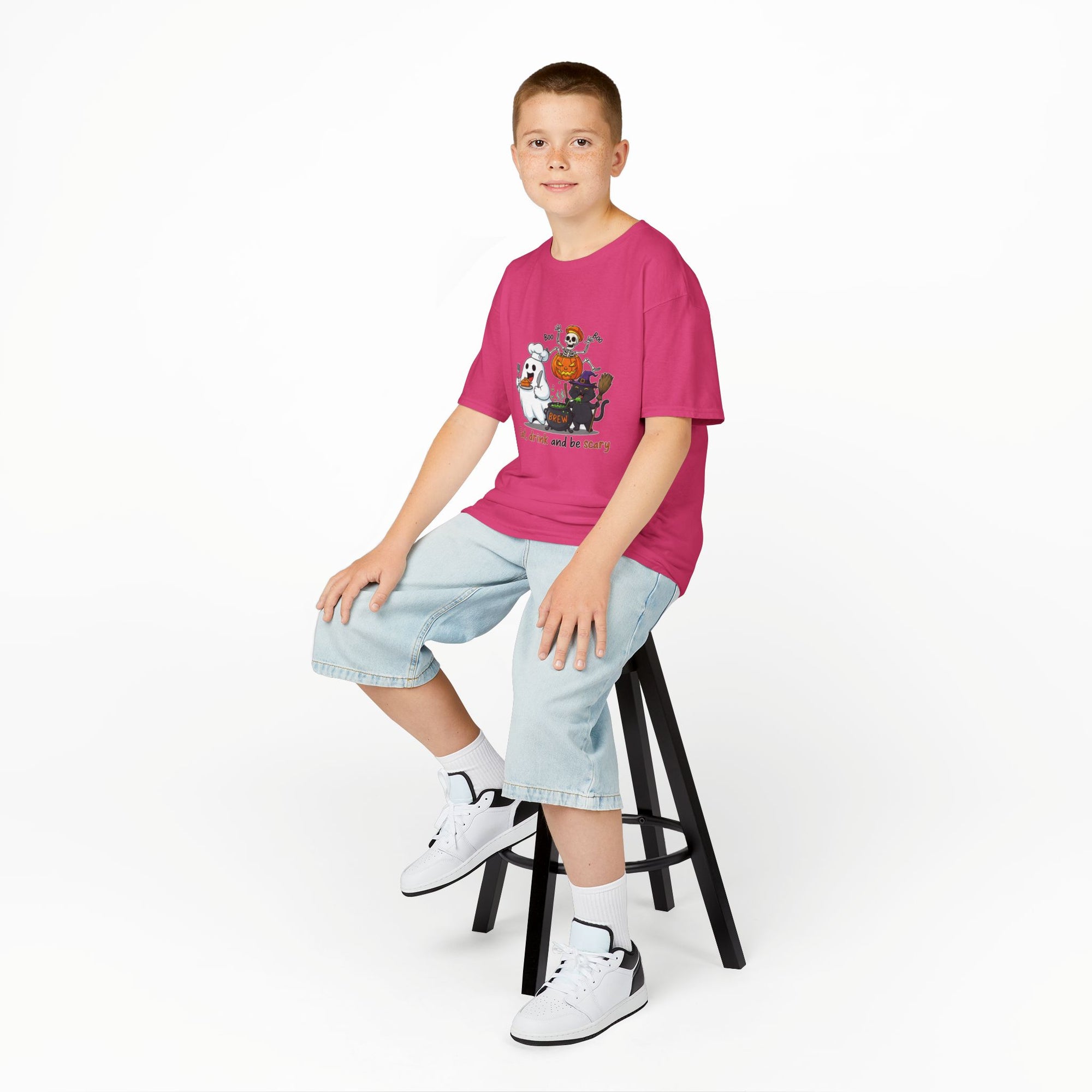 Eat Drink and Be Scary Kids Halloween T-Shirt | Cute Ghost Skeleton Pumpkin Cat Shirt for Boys Girls Trick or Treat Tee - Atlas Briefly